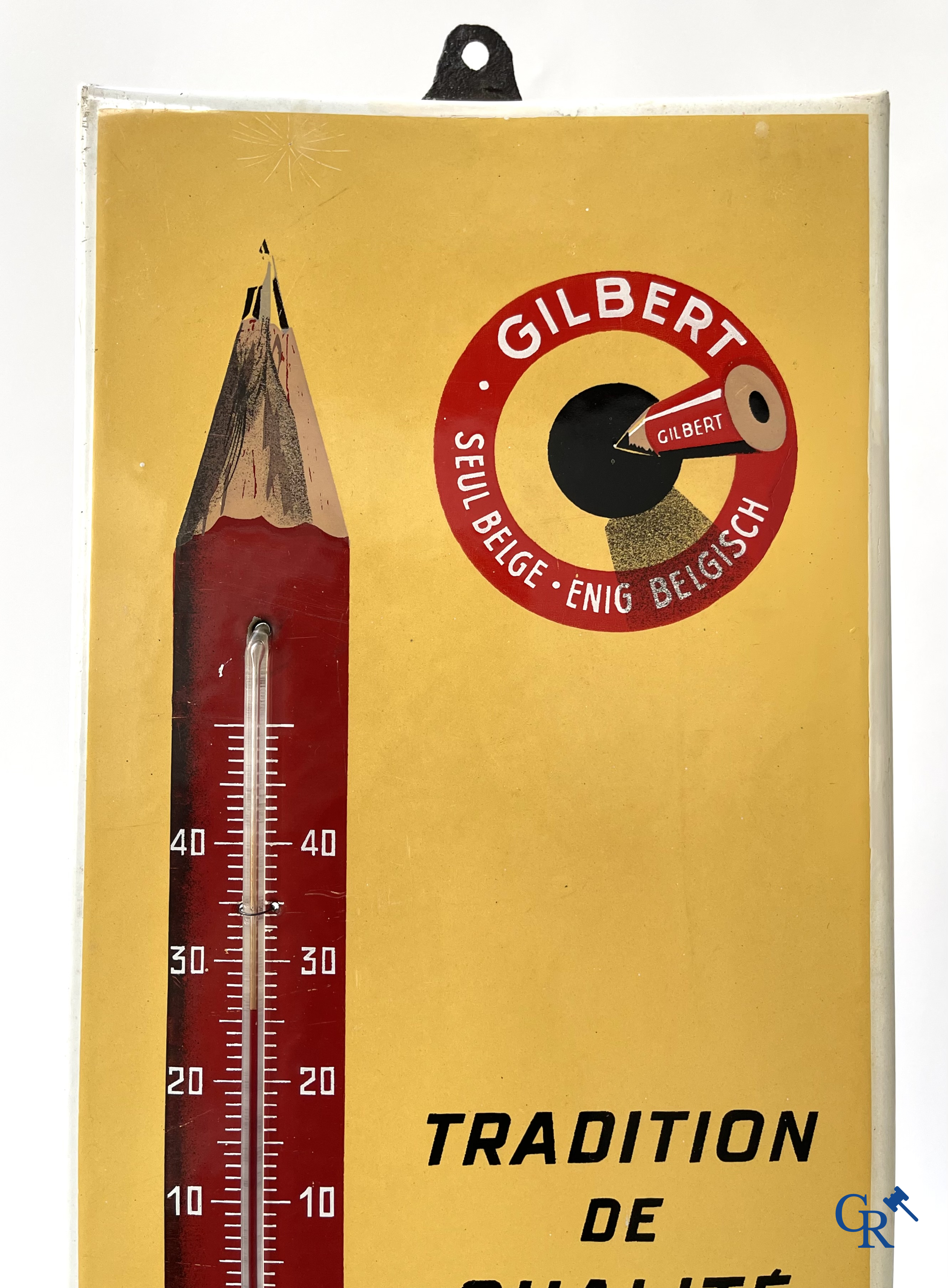 Emaille reclameborden, Publiciteits thermometer voor potlood fabrikant Gilbert à Hastière (Namen) Foremail 1953.