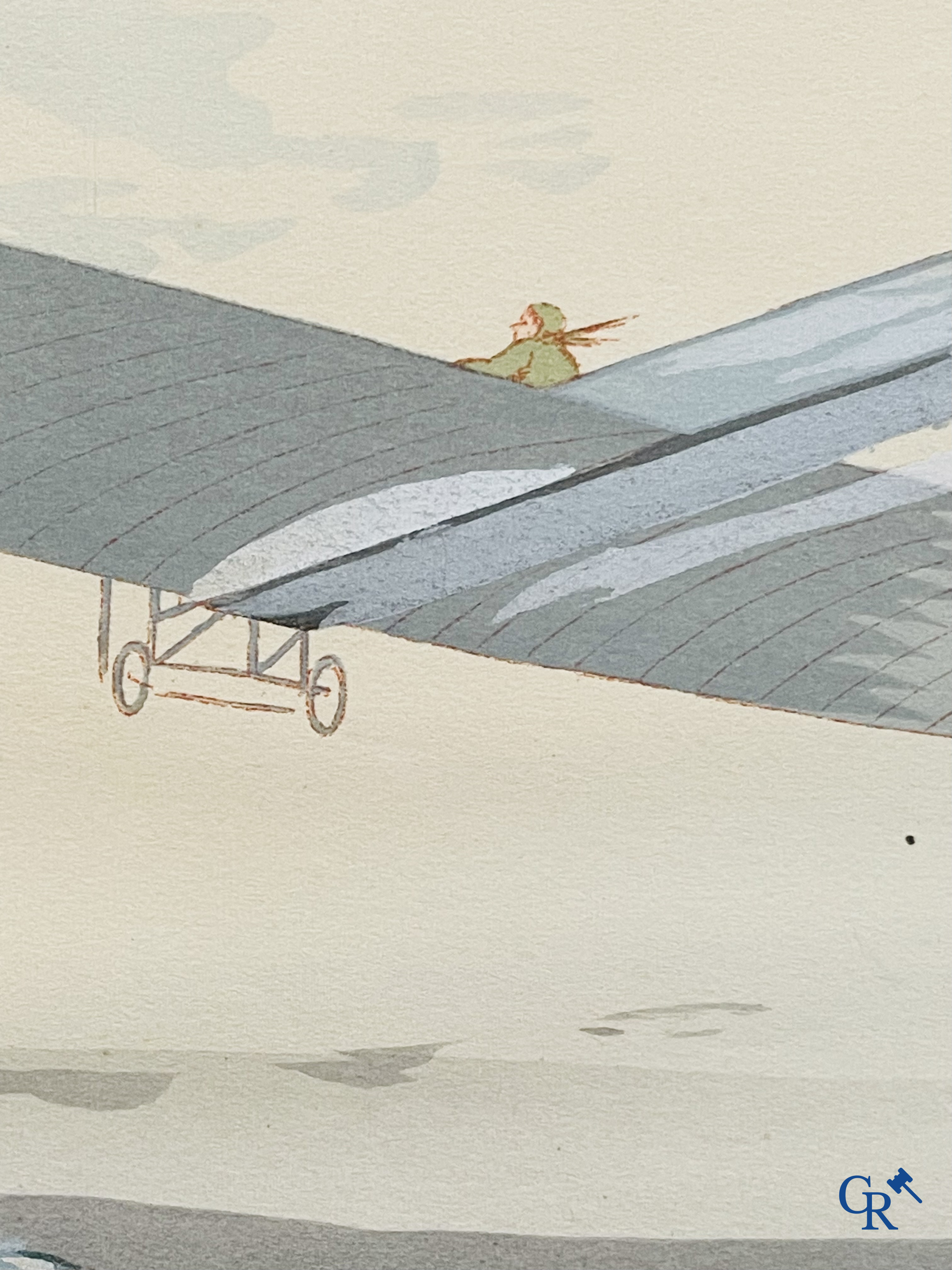 Ernest Montaut. Bleriot traversant la Manche. Kleuren lithografie,  Montaut Mabileau, copyright 1909.