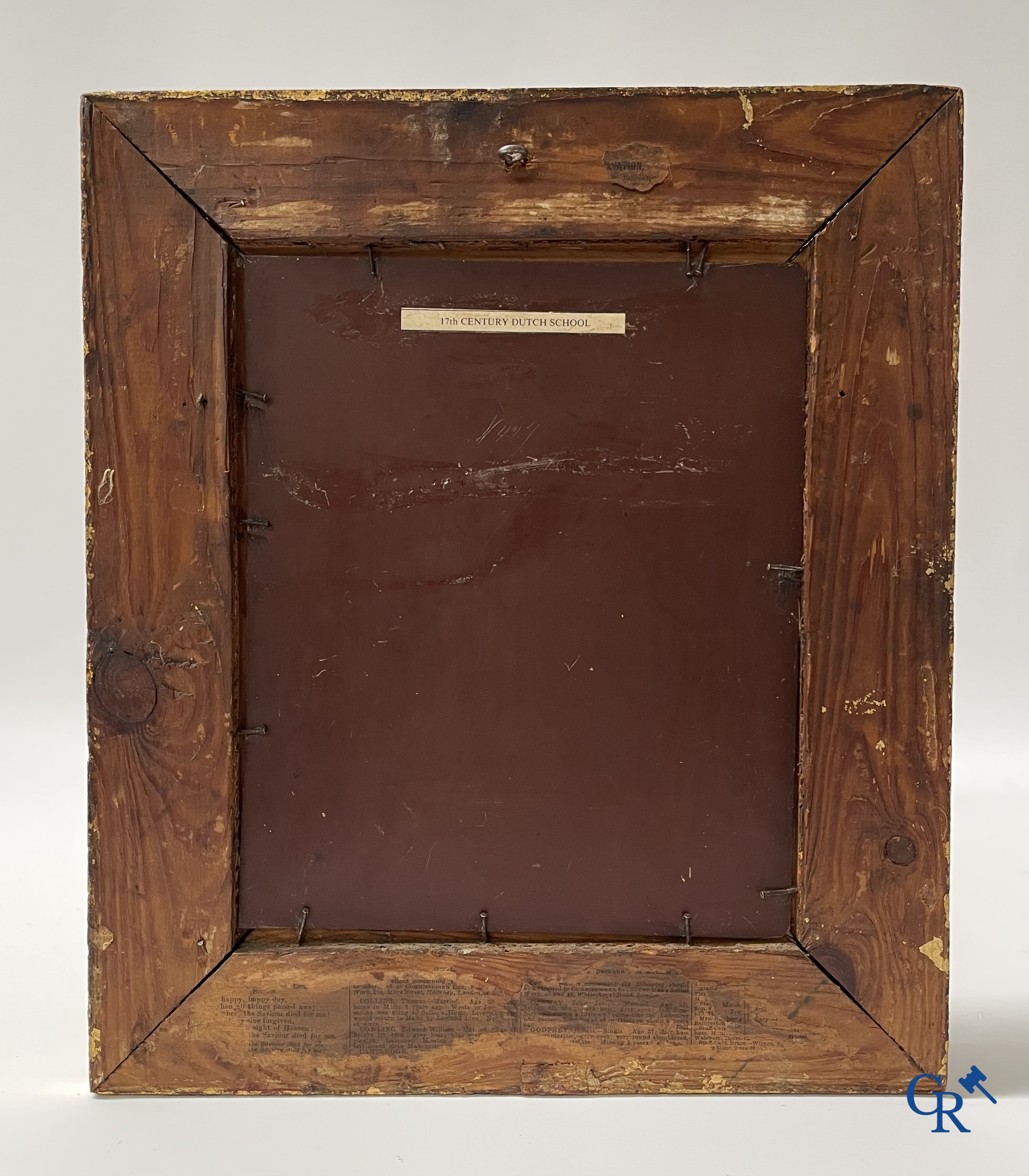 École flamande, scène d'intérieur avec un éleveur de poulet, huile sur métal.