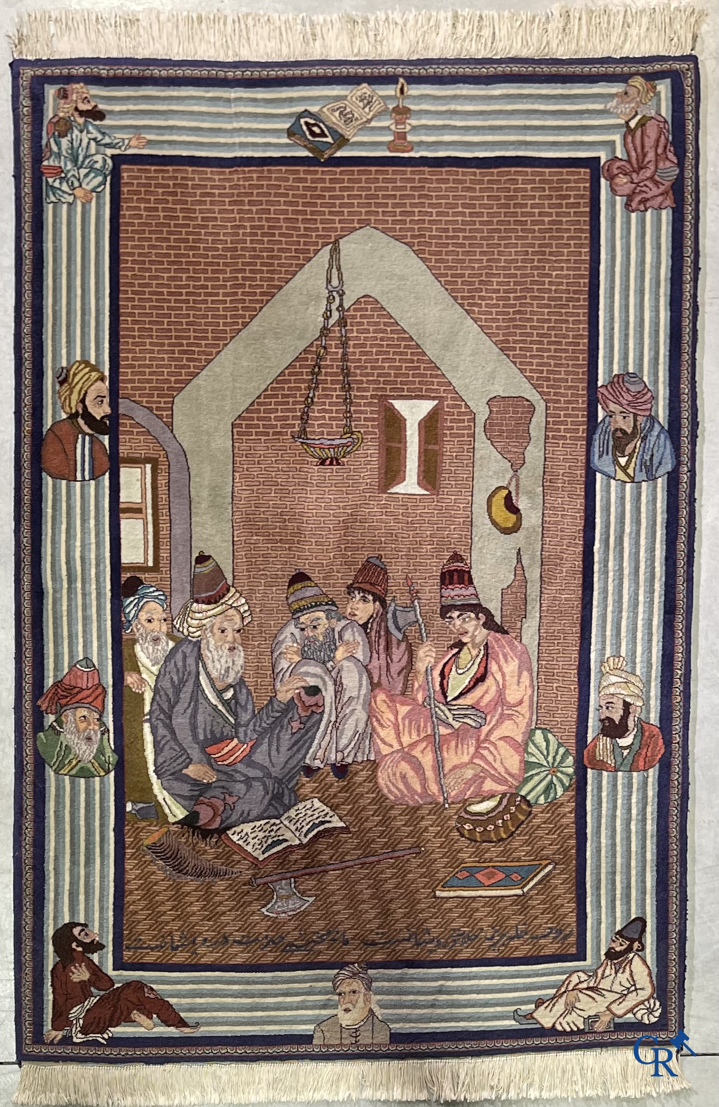 Oriental carpets: Tabriz, Iran. A hand-knotted Tabriz carpet with scholars in a temple.