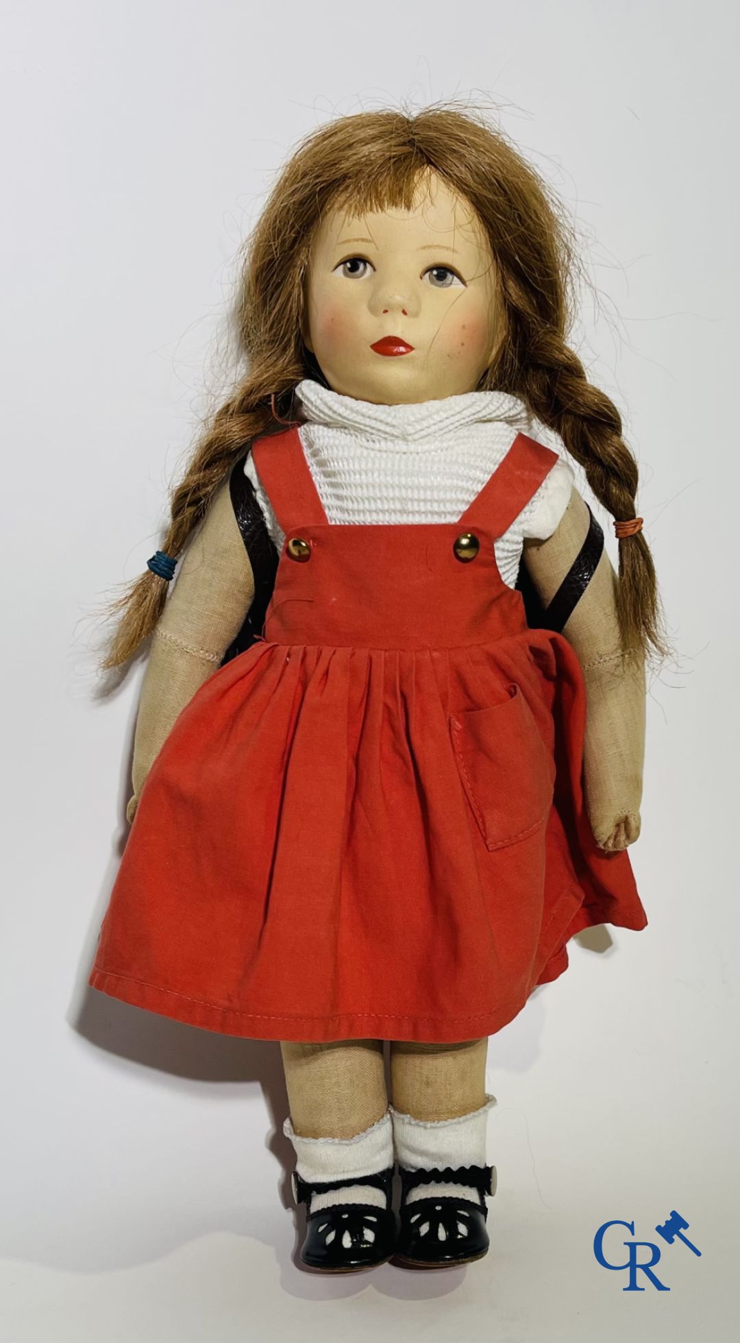 Toys: antique dolls: a lot of 6 dolls with a miniature grocery store attached.