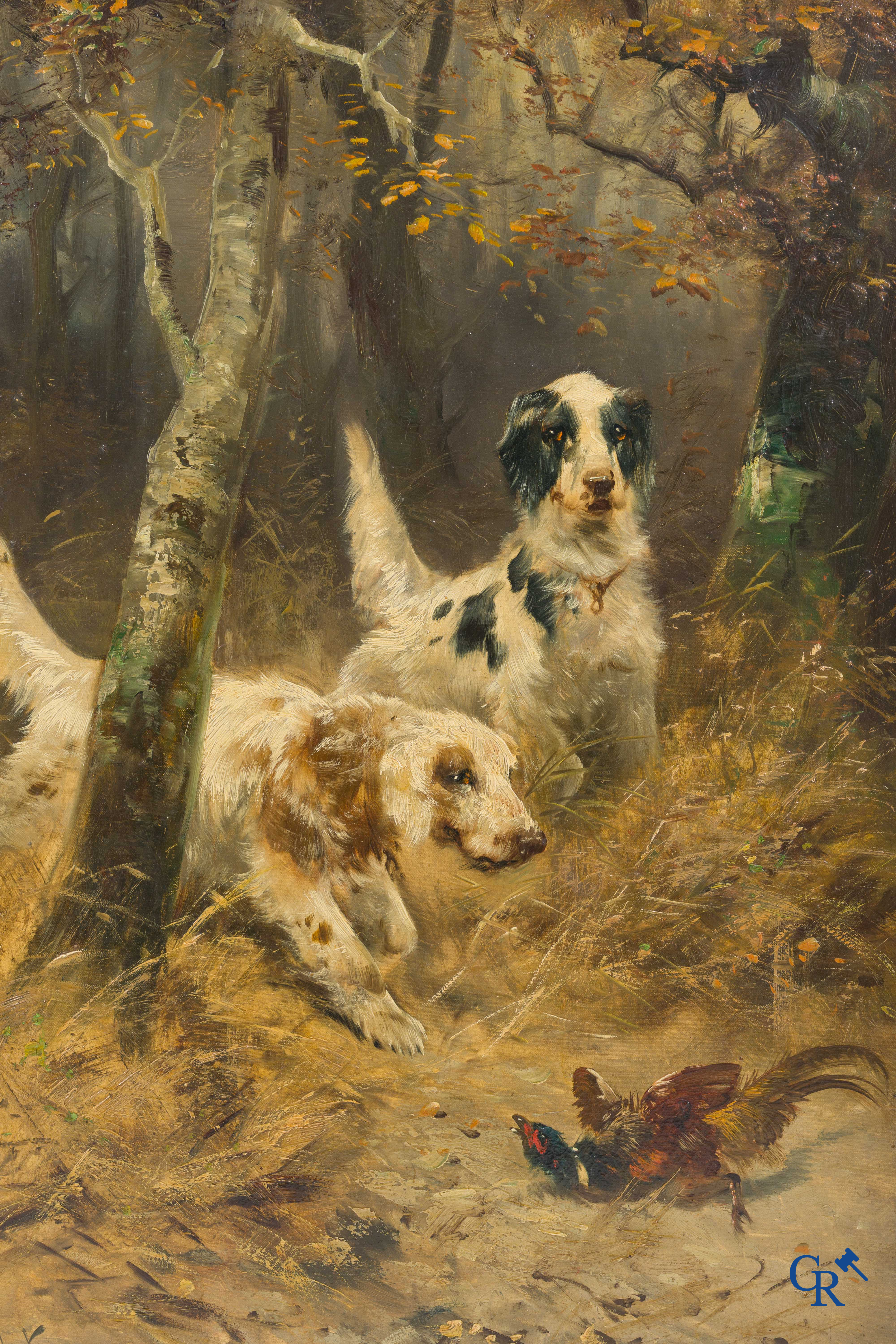 Henry Schouten, Chiens de chasse au faisan. Huile sur toile. Signé en bas à gauche.