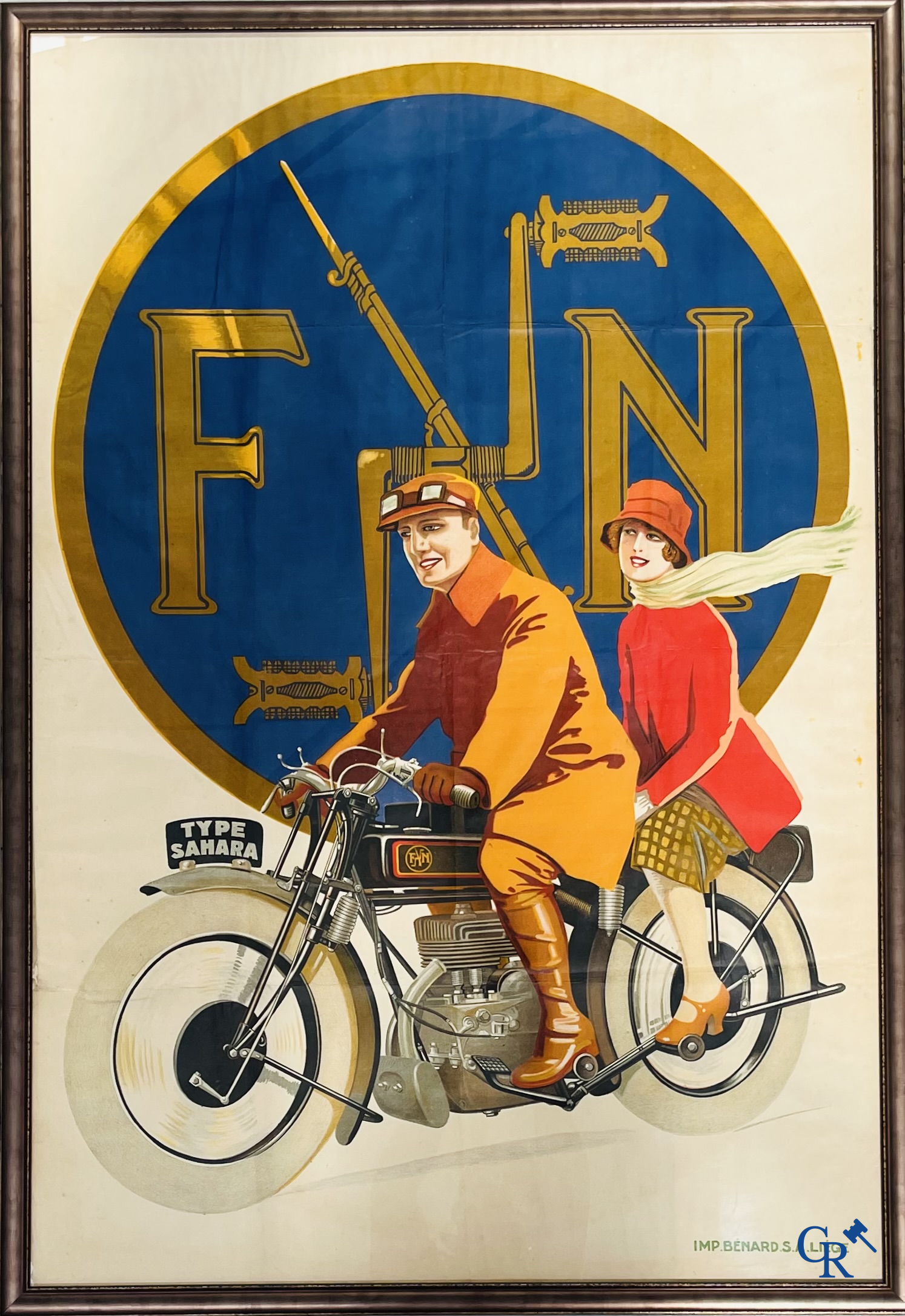 FN Motorfabriek Herstal, Zeldzame en originele publiciteitsaffiche voor de FN motorfiets type Sahara. Circa 1930.