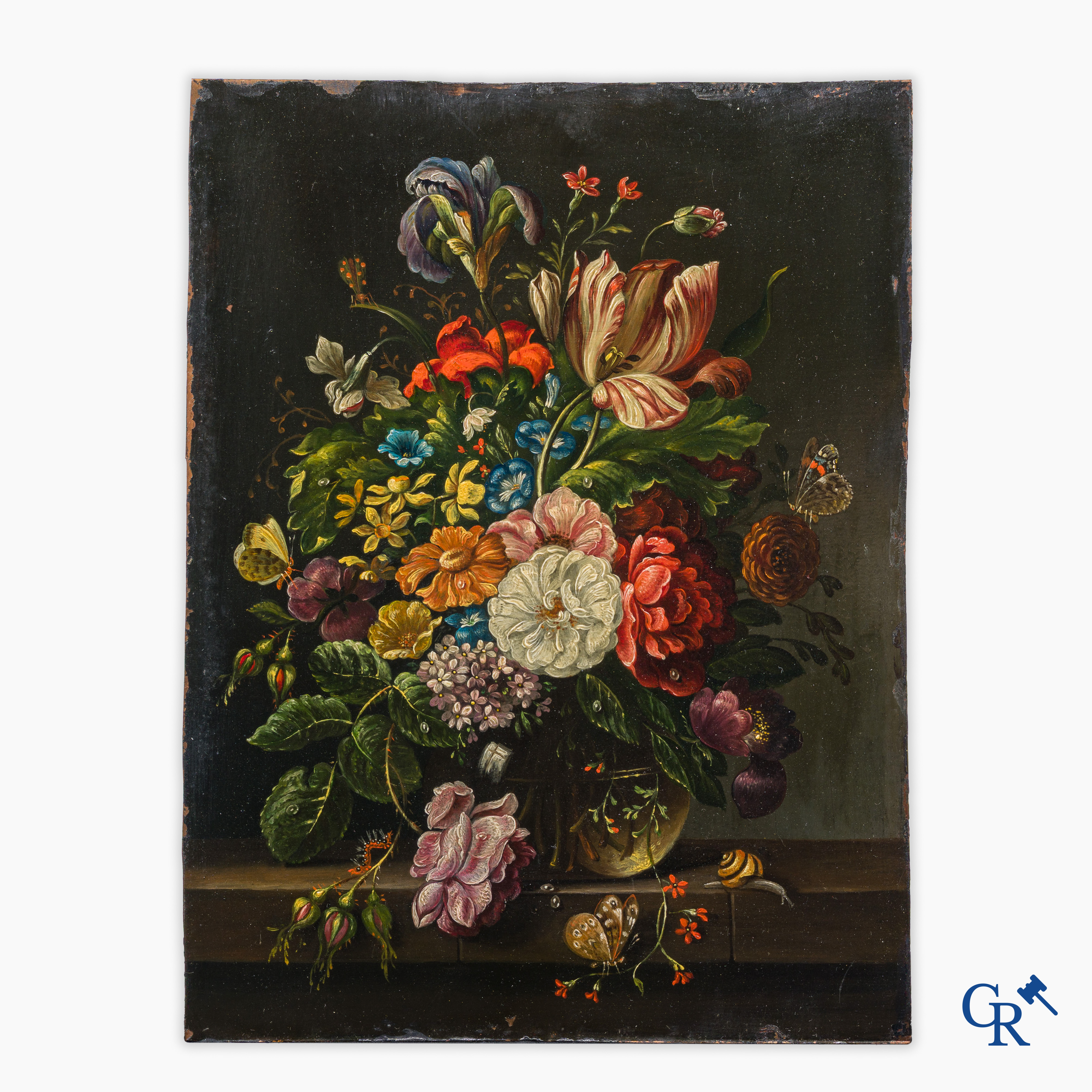 Schilderij. Stilleven met bloemen en insecten. Olie op koper. 18e-19e eeuw.