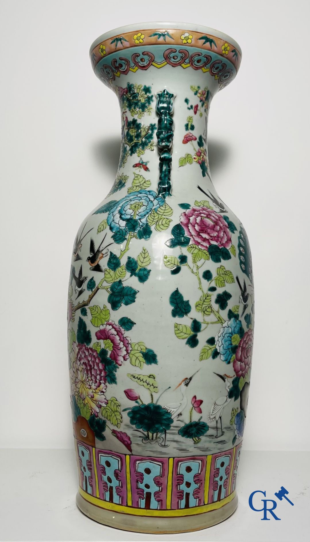 Asian Art: Vase in Chinese famille rose porcelain with decor of birds and peonies. 19th century.