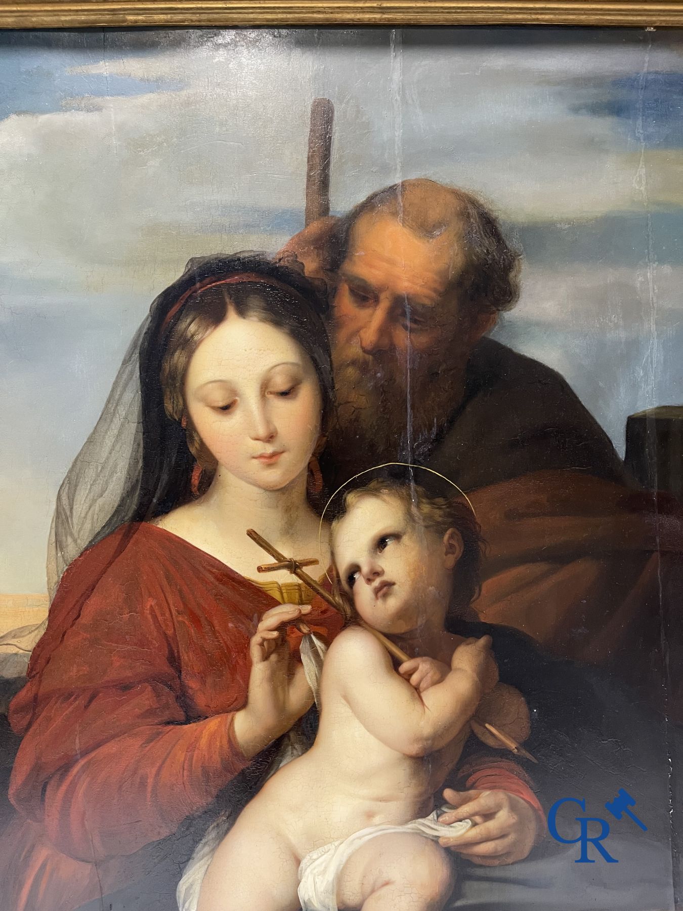 Peinture : Lambert Mathieu (Bury 1804 - Louvain 1861) Sainte Famille dans le gout de Raphaël Sanzio. Huile sur panneau.