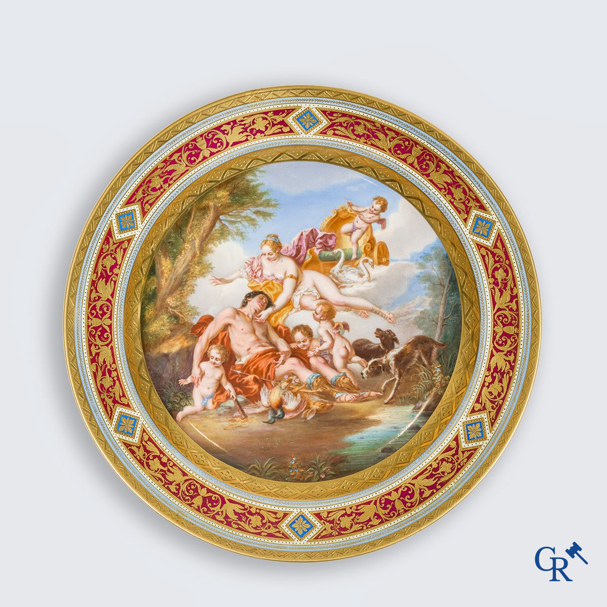 Royal Vienna Porcelain Manufactory: Grand plat représentant la mort d'Adonis. 19ème.