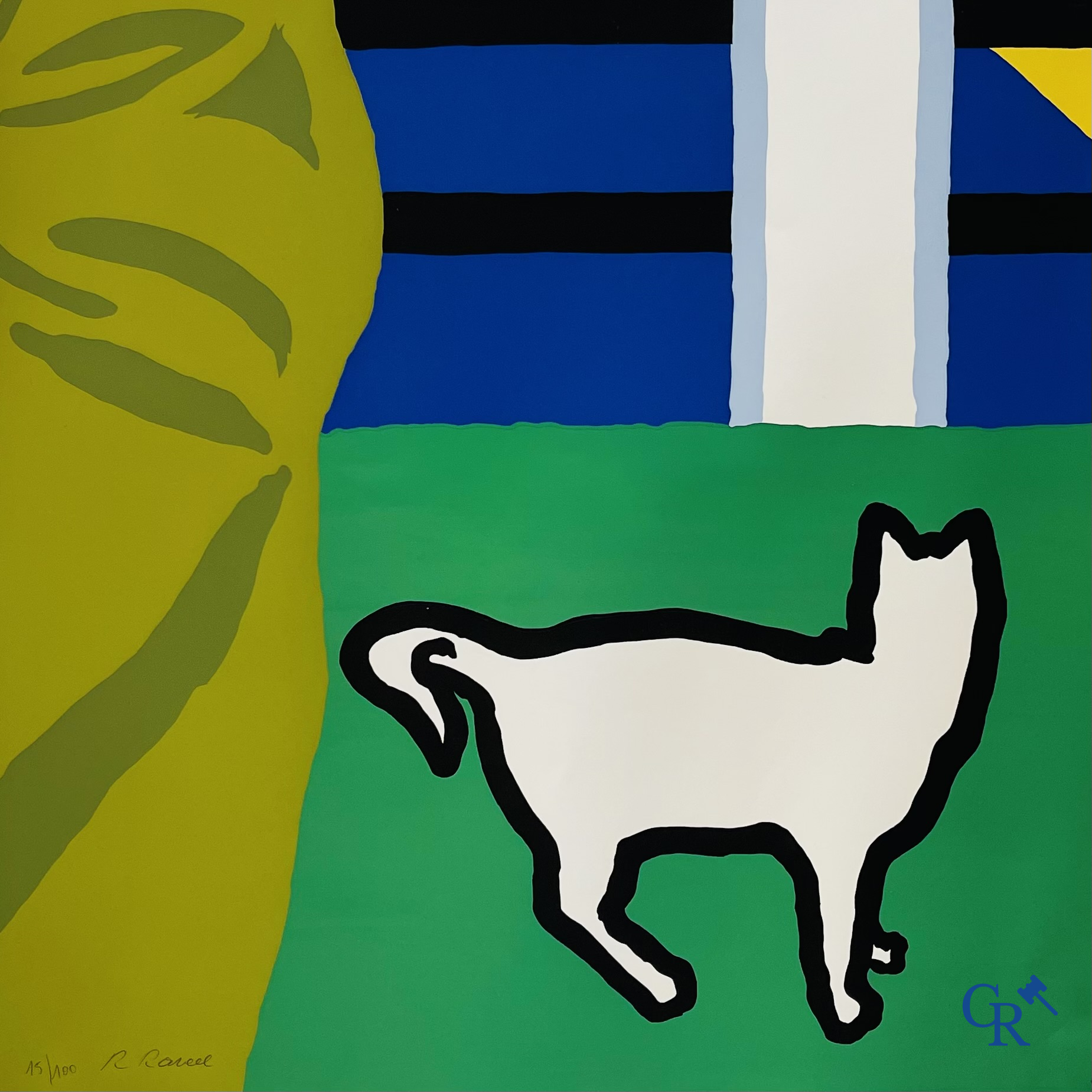 Roger Raveel (1921-2013)(*) "Herbe, chat, bleu…" Lithographie en couleur 1972, 15/100.