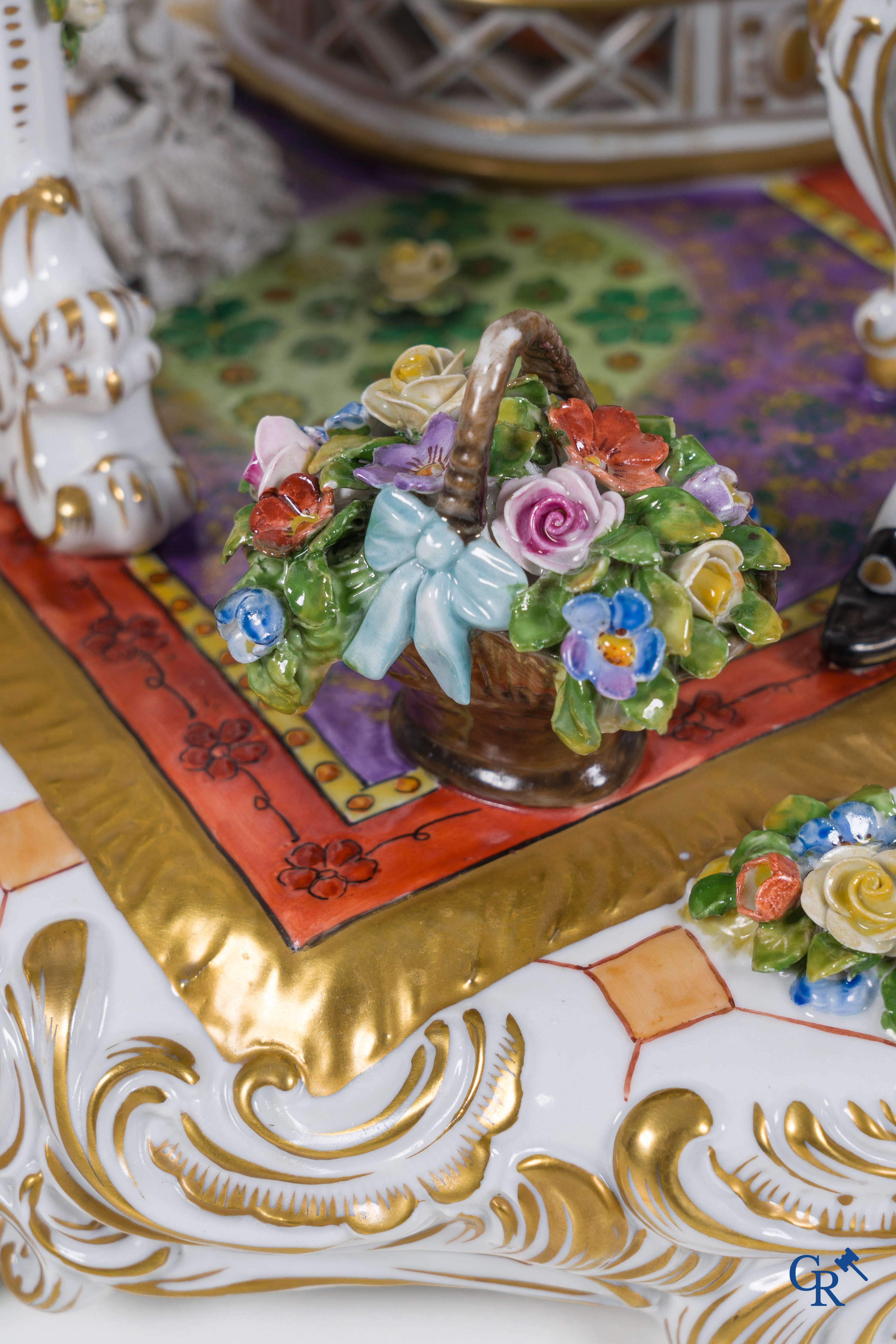 Volkstedt Rudolstadt, Large group in lace porcelain, harp playing lady in a richly decorated interior. Marked.