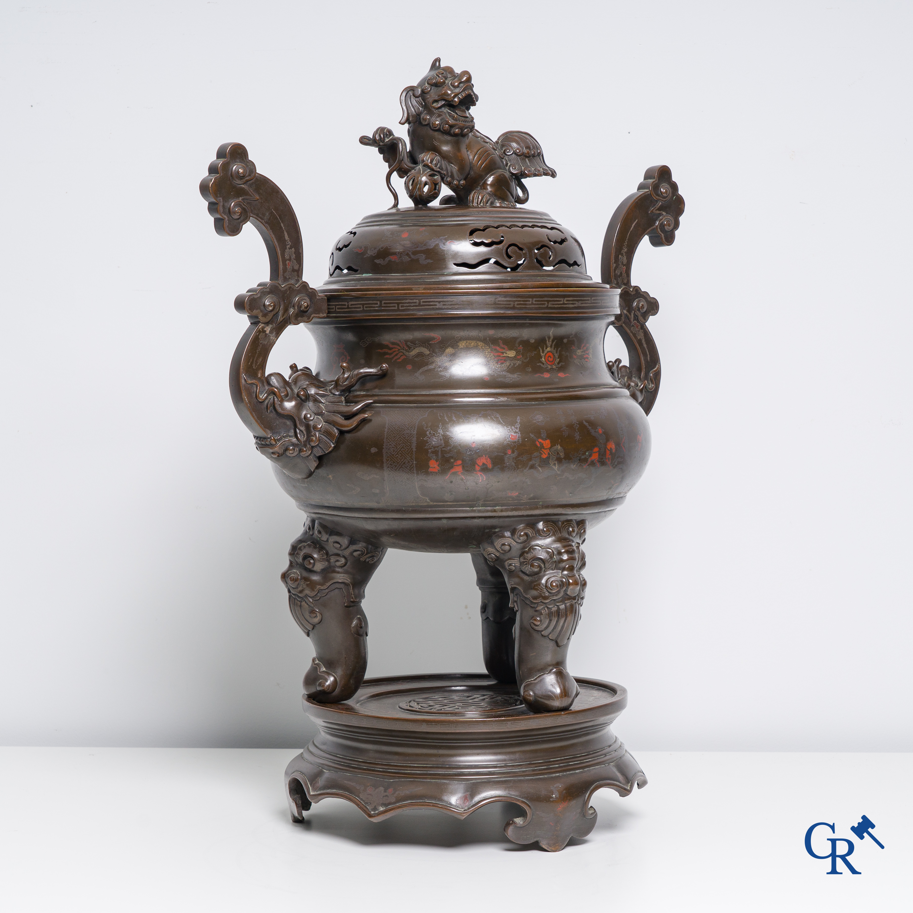 Asian Art: An impressive 3-piece Chinese bronze brûle perfume with silver and copper inlay for the Vietnamese market.