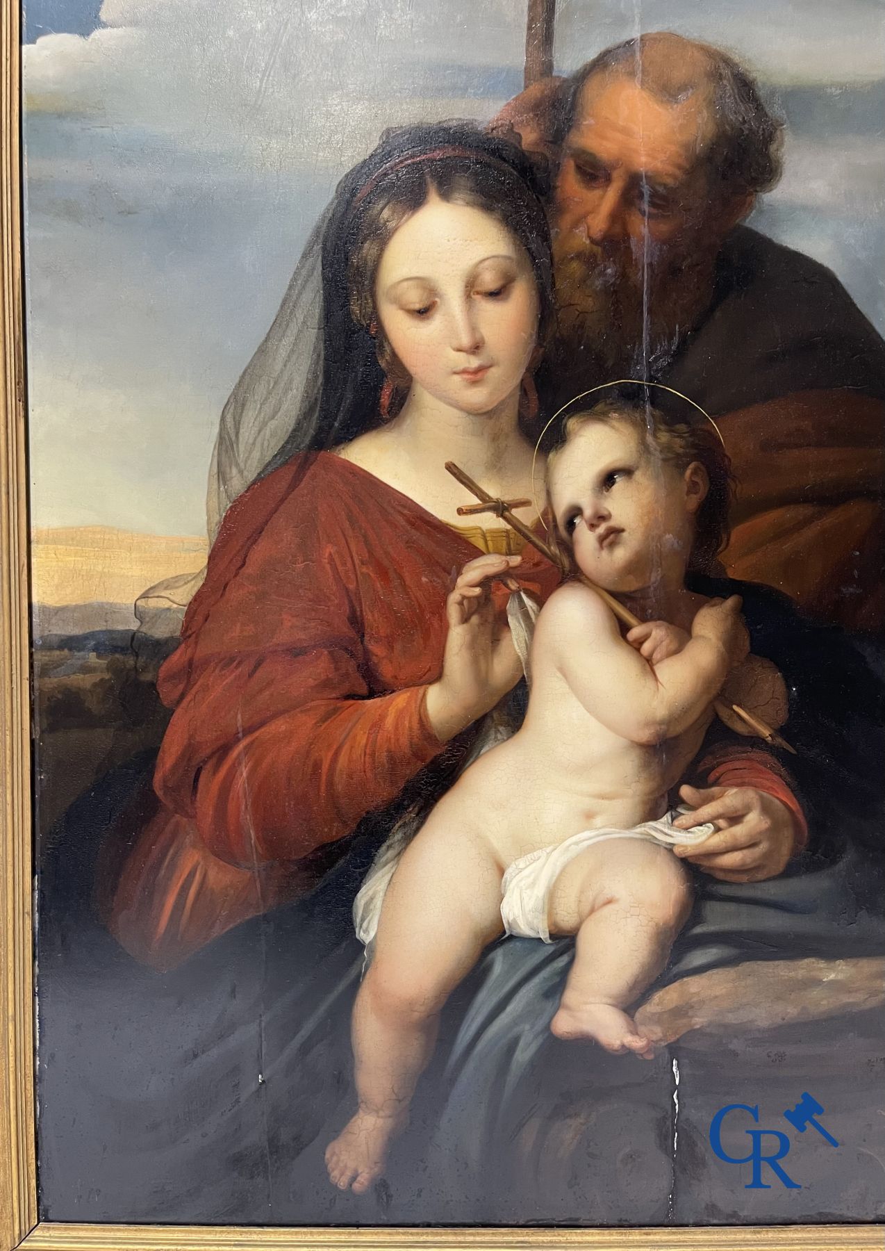 Peinture : Lambert Mathieu (Bury 1804 - Louvain 1861) Sainte Famille dans le gout de Raphaël Sanzio. Huile sur panneau.