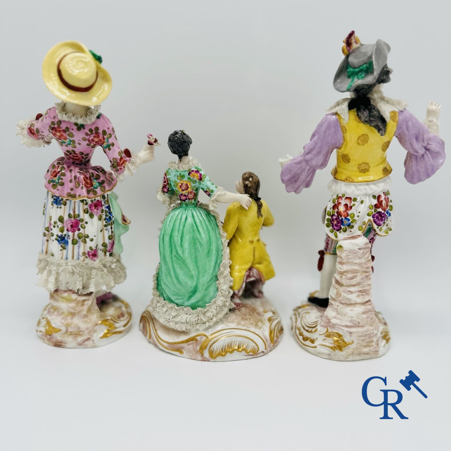 Porcelain: 3 groups of multicoloured decorated porcelain in the style of Meissen. 19th century.