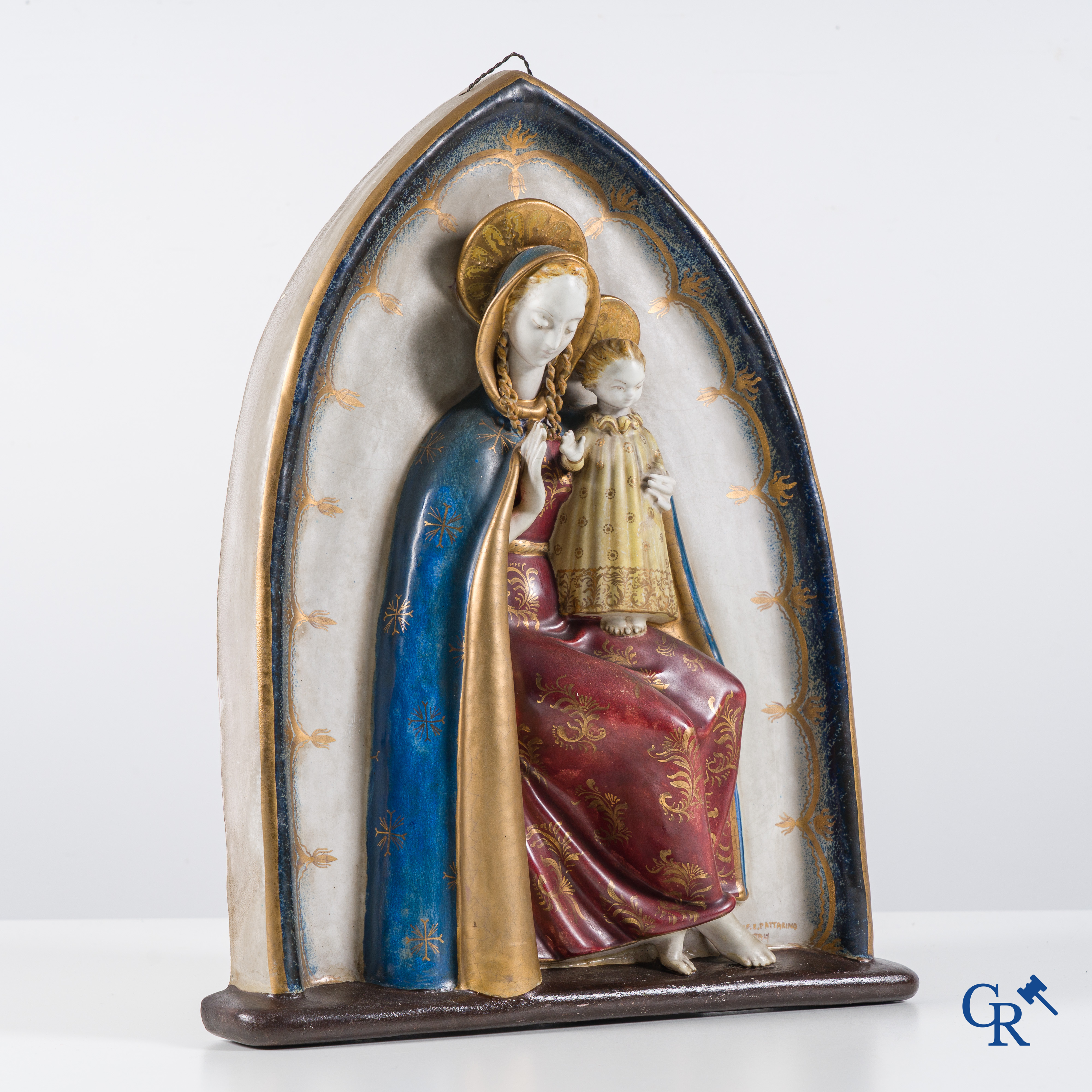 Eugenio Pattarino (1885-1971) Vierge avec enfant en céramique polychrome. Signé Prof. E. Pattarino Italie.