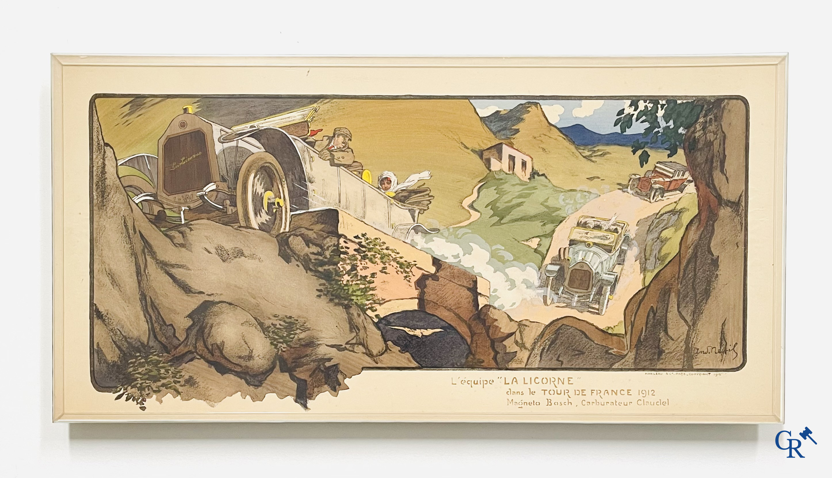 André Nevil, L'équipe "La Licorne" dans le Tour De France 1912. Kleuren lithografie. Mabileau & Comp. Paris 1912.