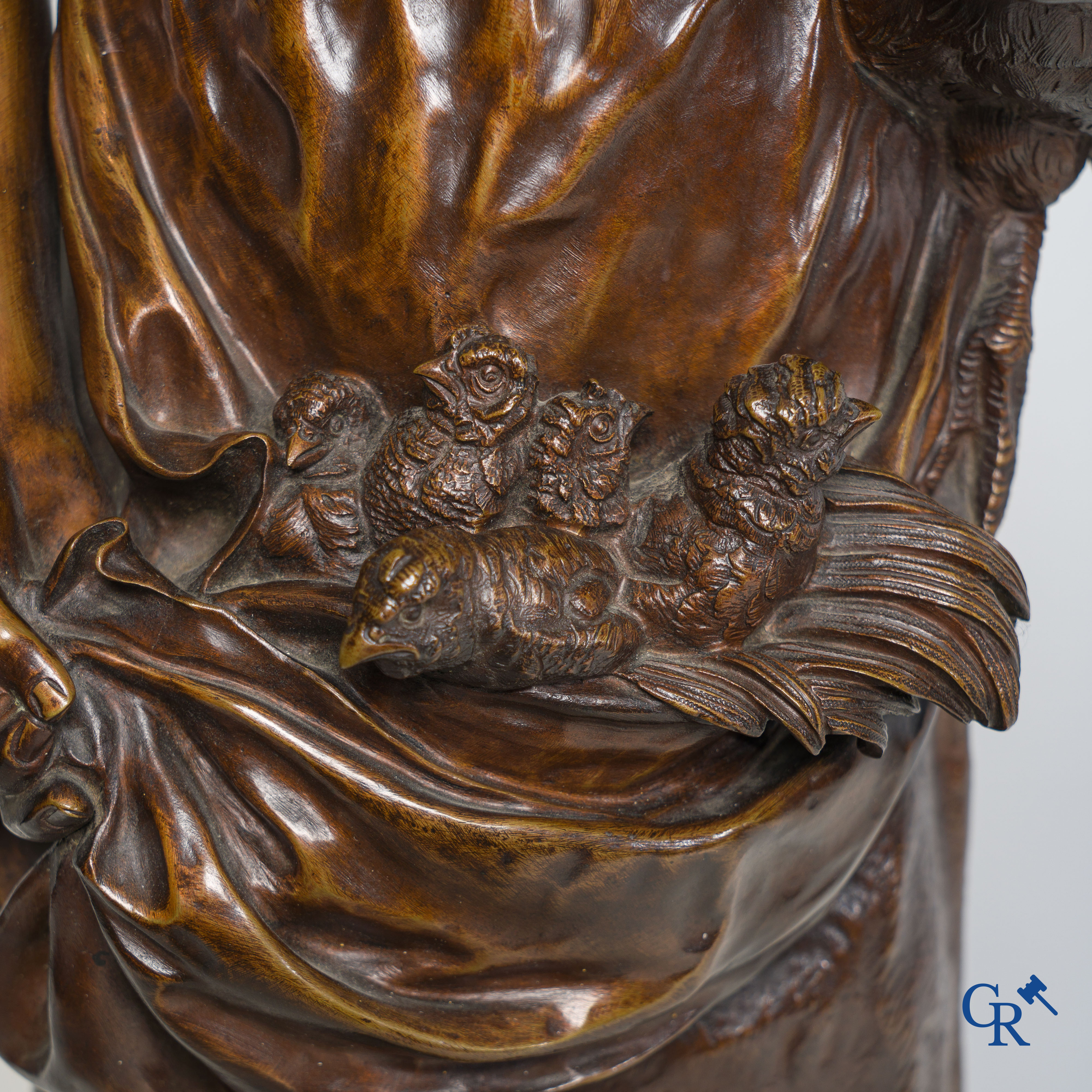 Alfred Barye (1839-1882): Bronze statue with brown patina. Farmer with hen and chicks.