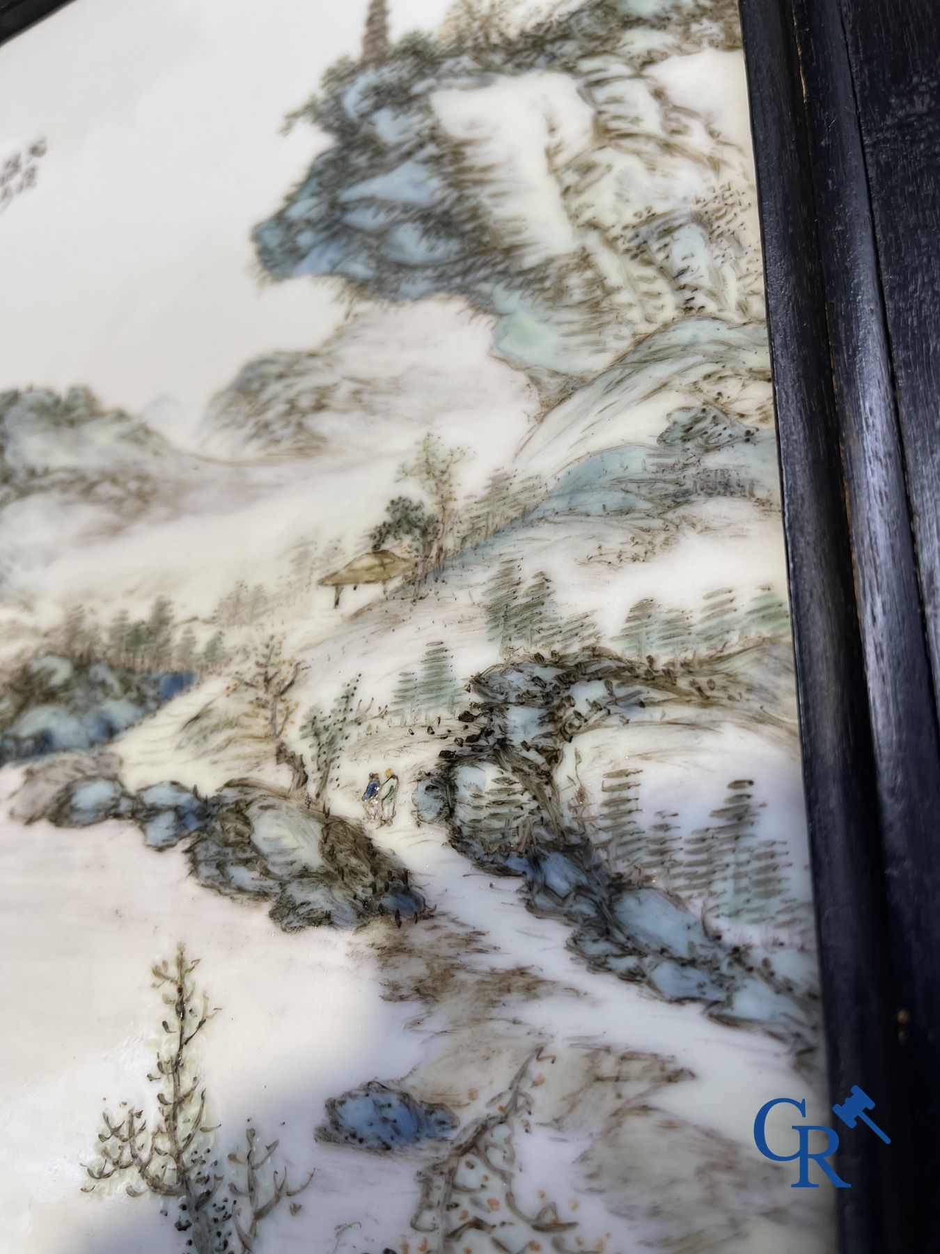 Chinese porcelain: A Chinese qianjiang cai porcelain painting in frame.