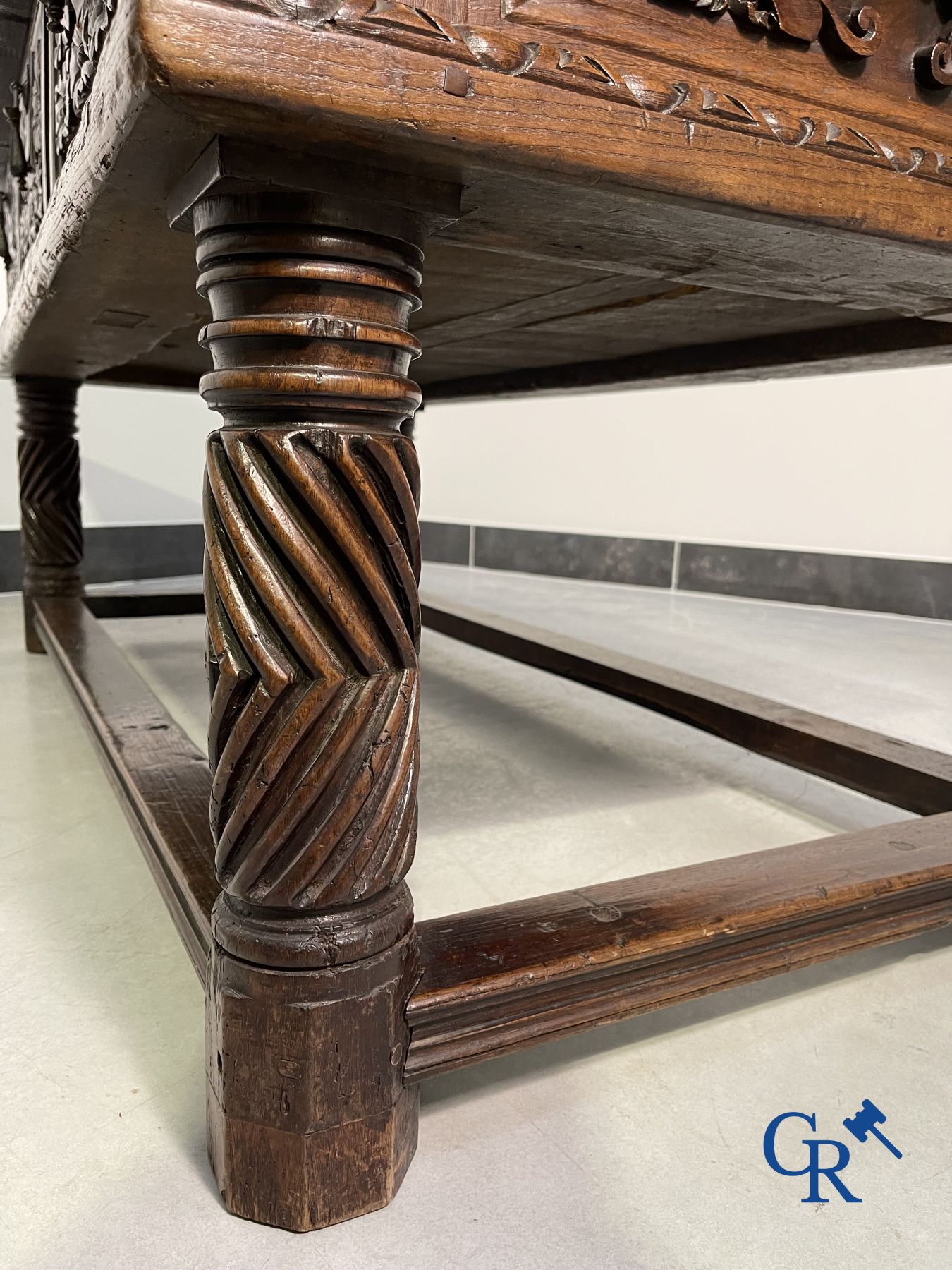 Furniture: 17th century carved walnut table with 3 drawers.