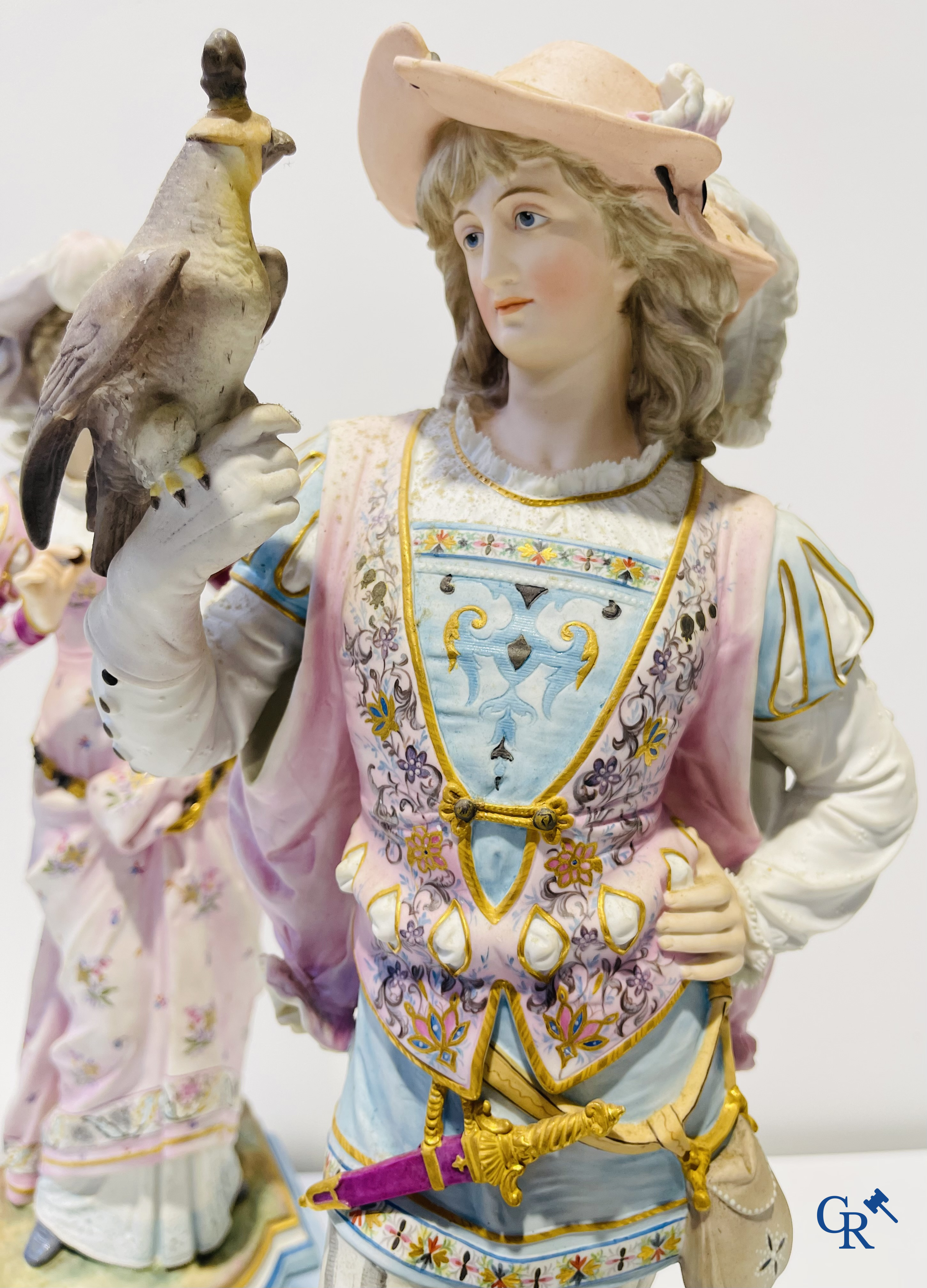 Exceptional pair of large statues in coloured and gilded biscuit porcelain. 2nd half of the 19th century.