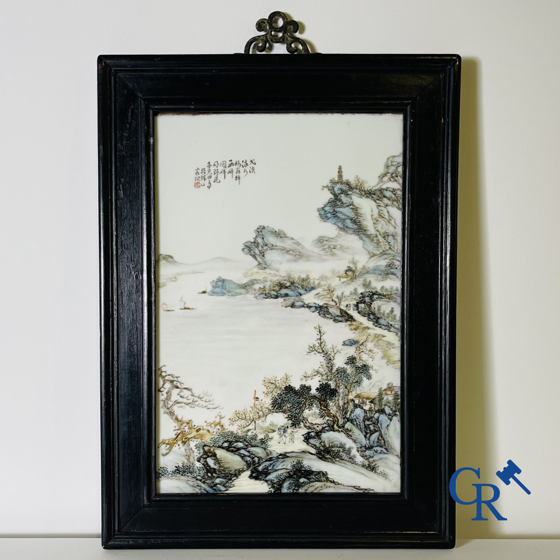 Chinese porcelain: A Chinese qianjiang cai porcelain painting in frame.