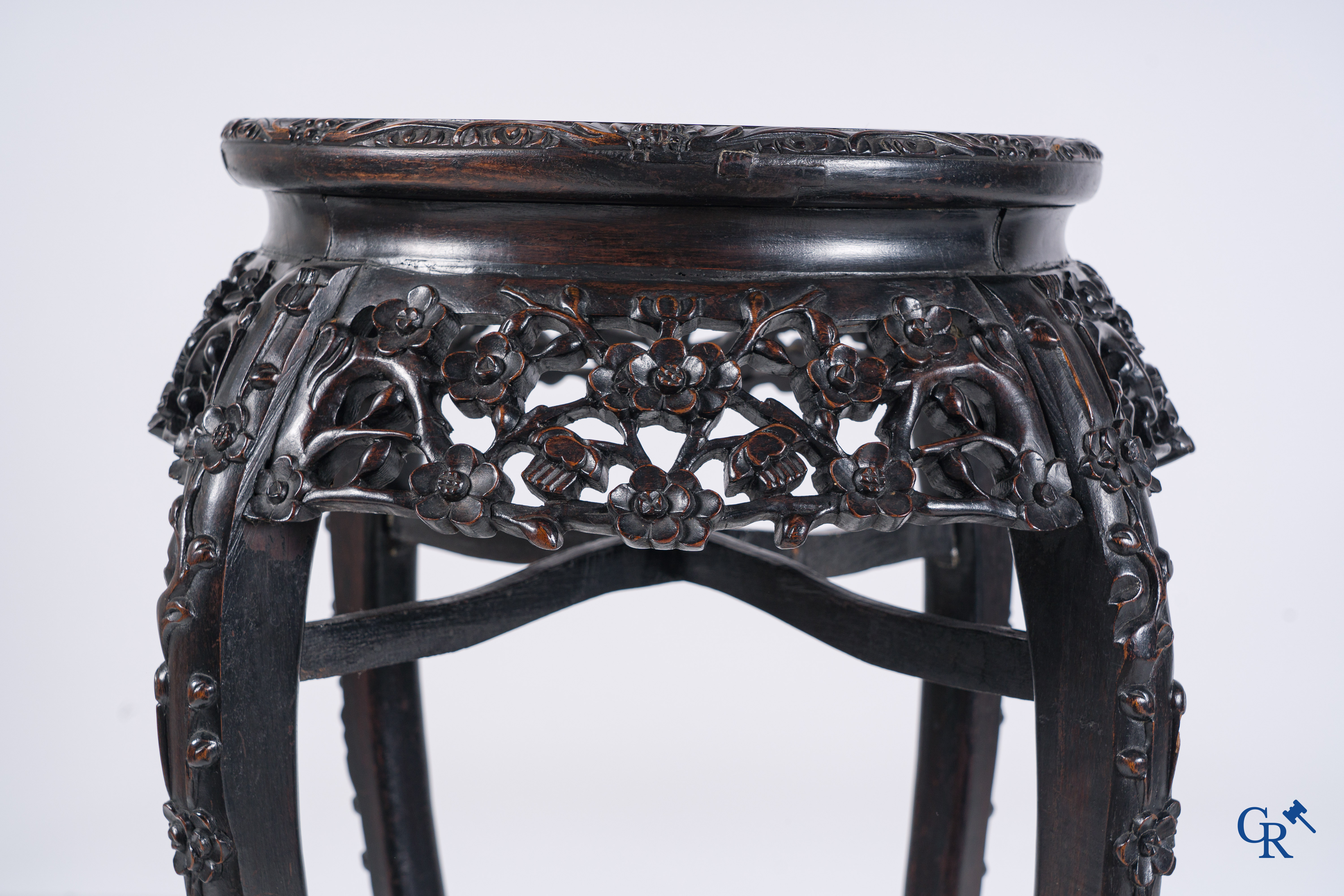 Asian Art: A pedestal in Chinese hardwood and a square Chinese painted and lacquered pedestal. 19th century.