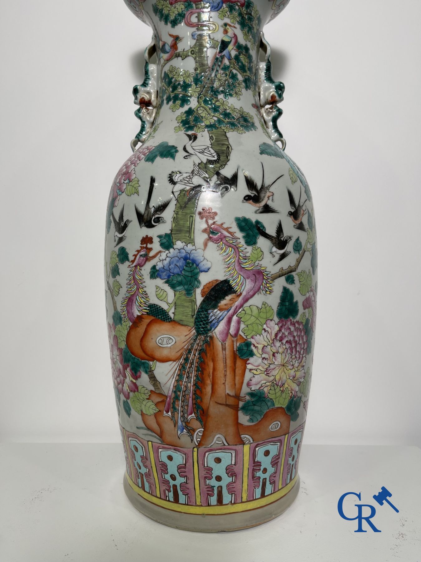 Asian Art: Vase in Chinese famille rose porcelain with decor of birds and peonies. 19th century.