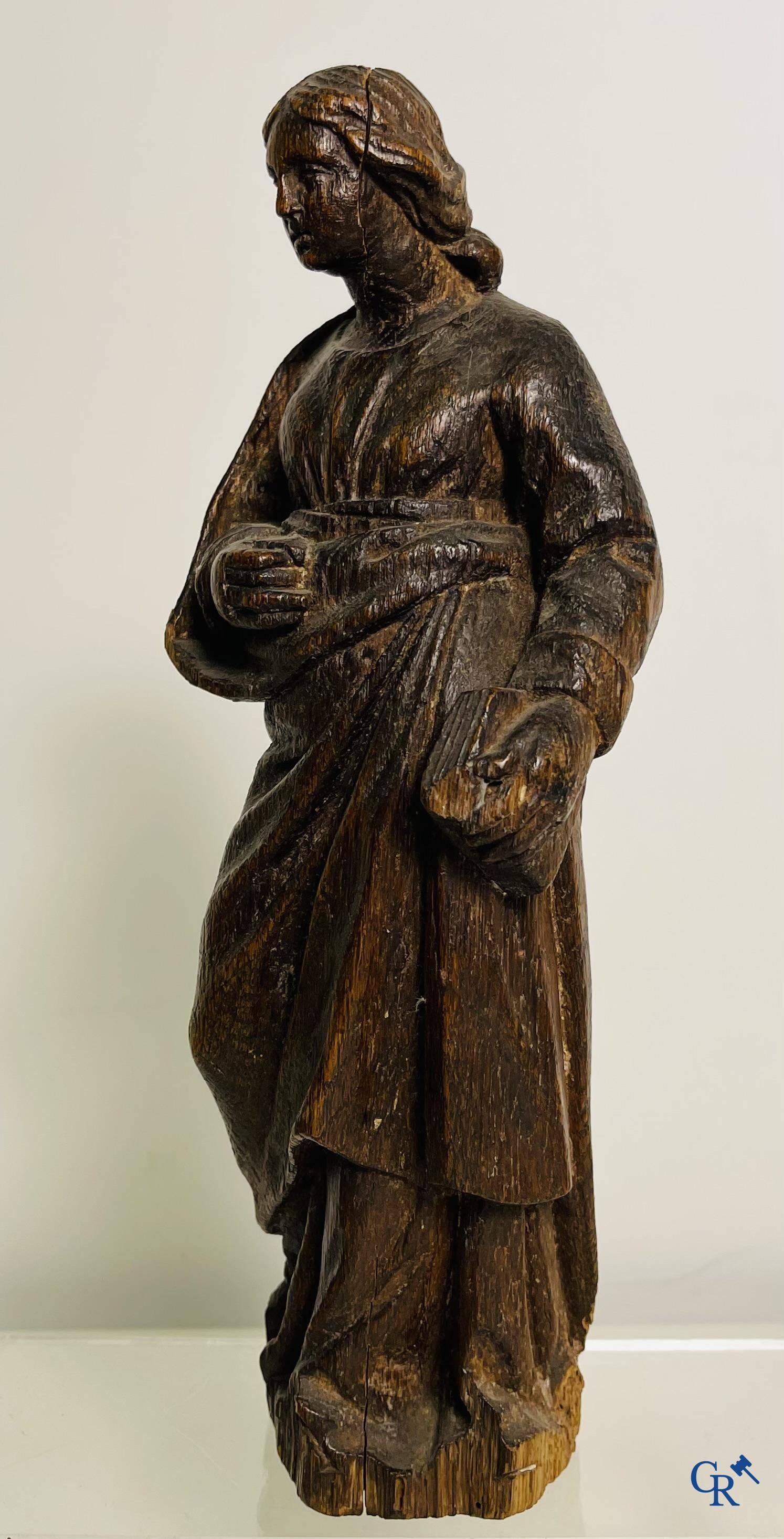 2 religious wood sculptures. Christ on the cold stone and a statue of an apostle. 18th century.