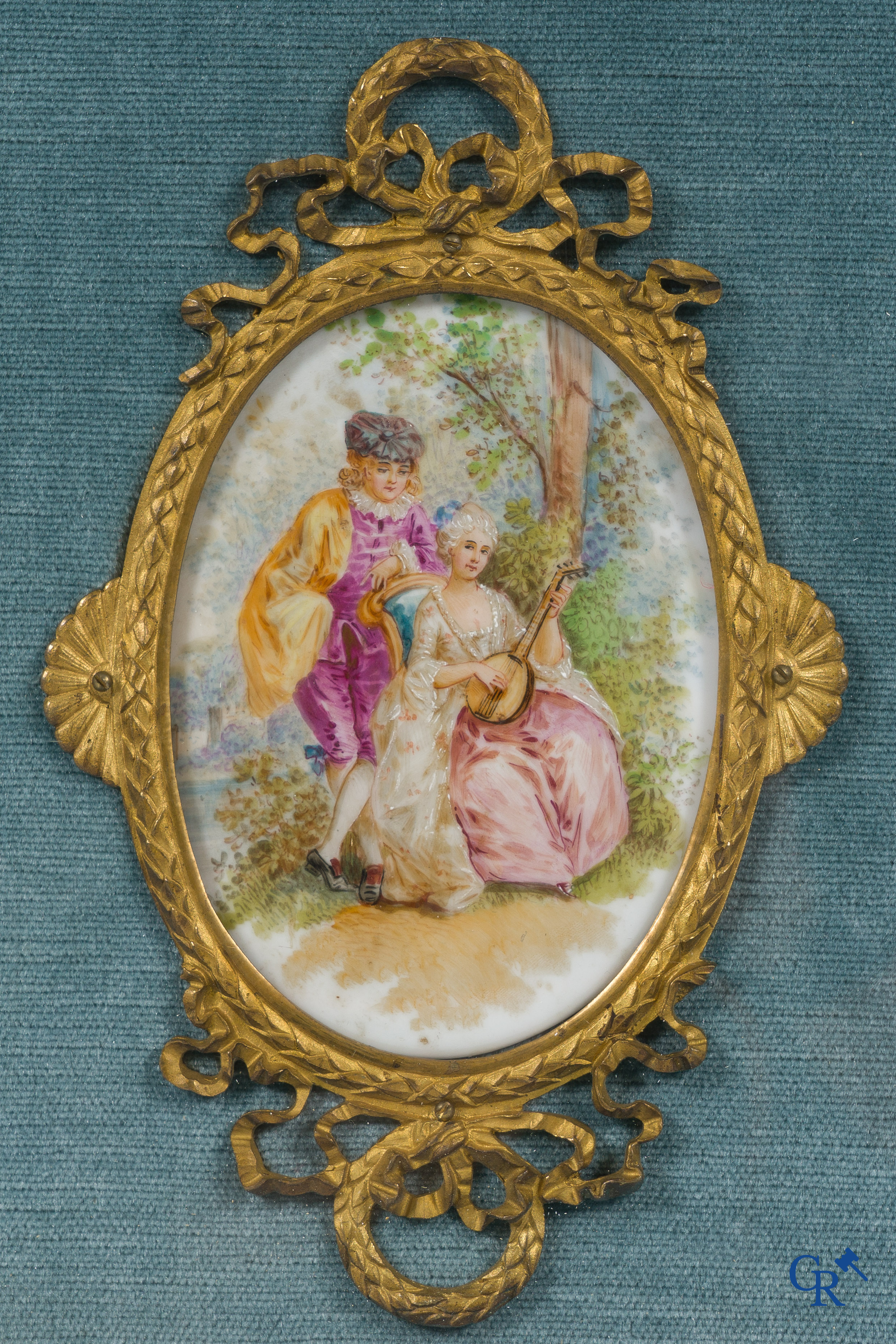 European porcelain in the manner of Sèvres, a set of 6 large porcelain plaques in a bronze LXVI-style frame.