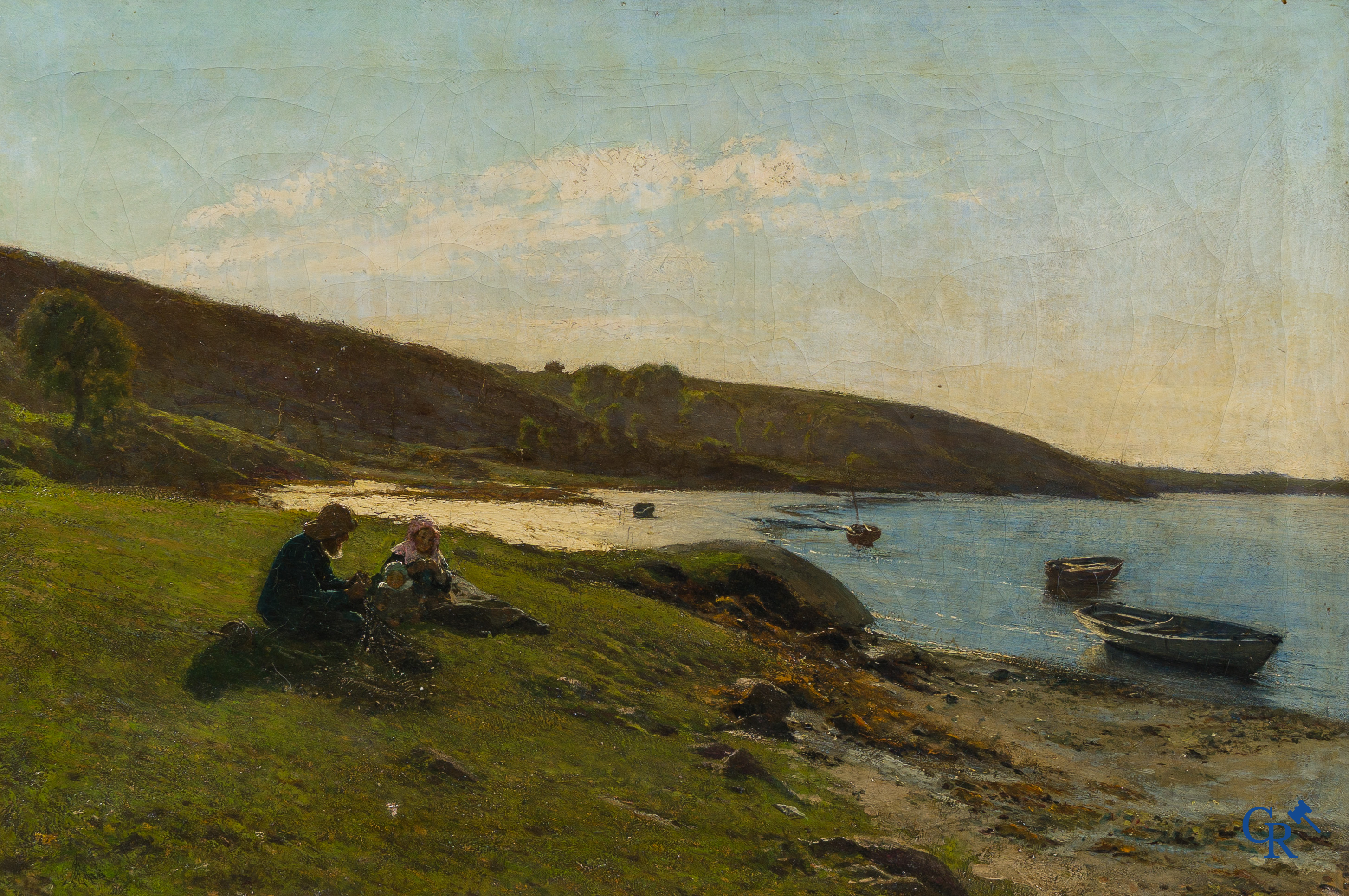 Alfred Edward Emslie (1848-1918) Vissers familie aan de kust, olie op doek.