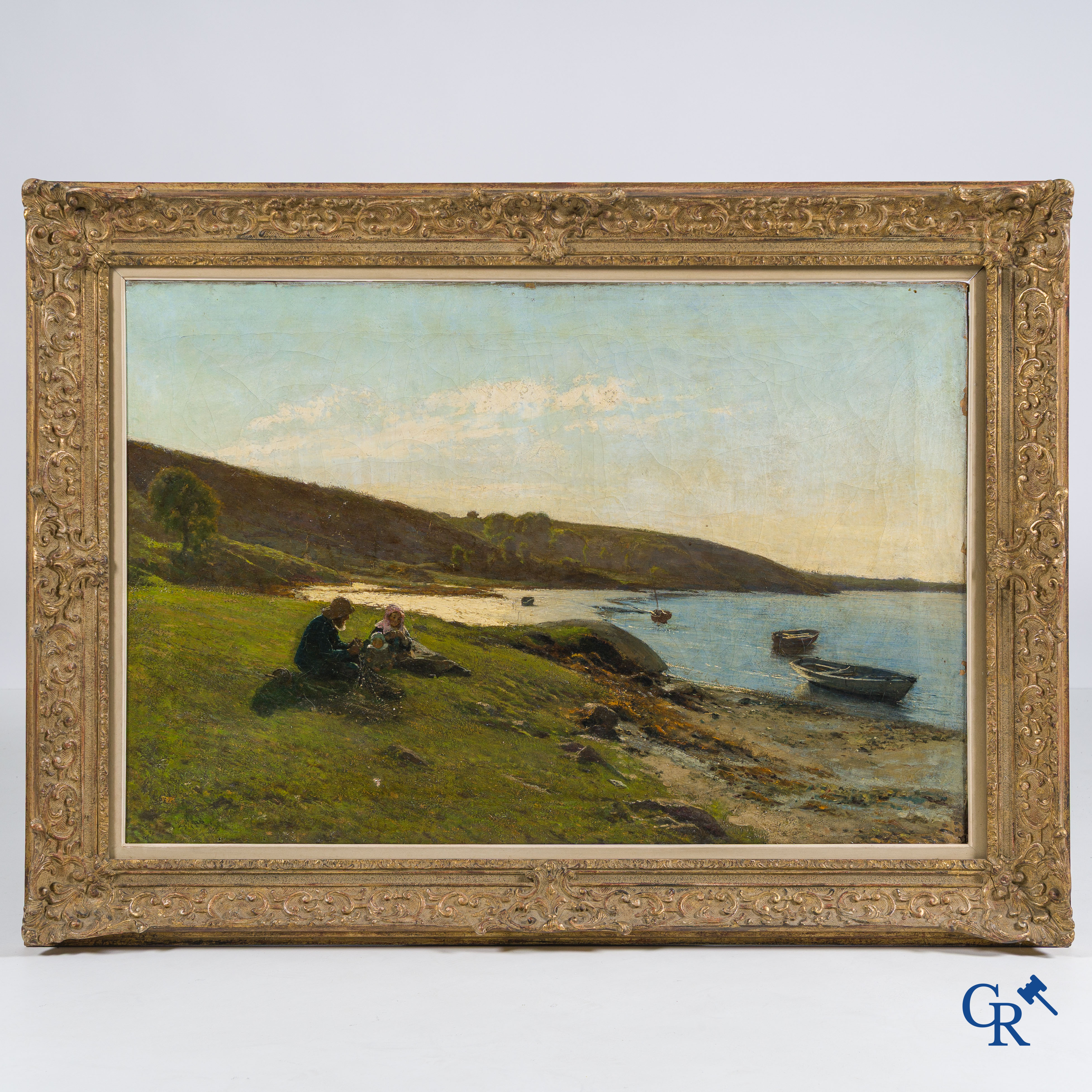 Alfred Edward Emslie (1848-1918) Vissers familie aan de kust, olie op doek.