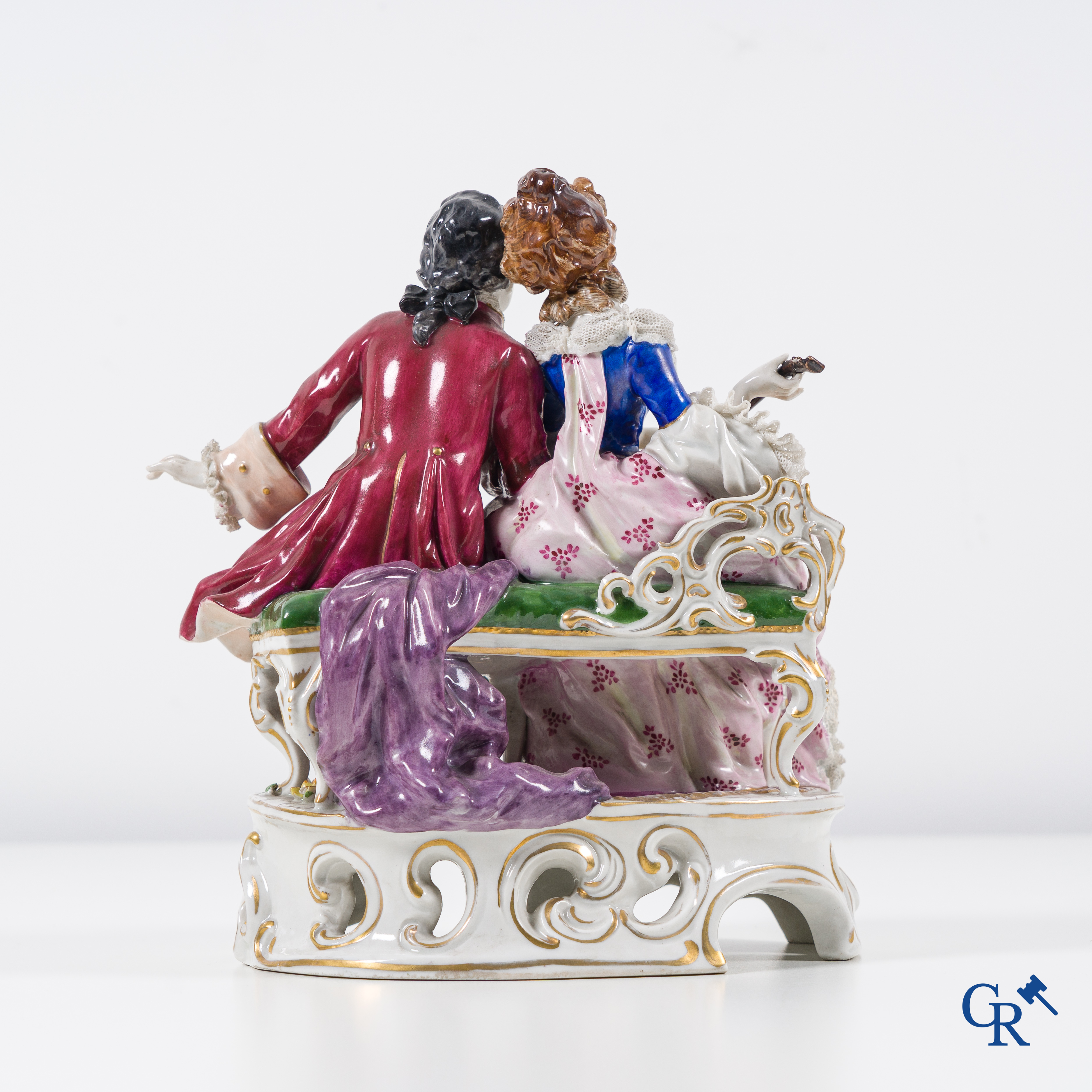 Volkstedt Rudolstadt: European porcelain, finely decorated group in lace porcelain. Music-making couple. Marked.