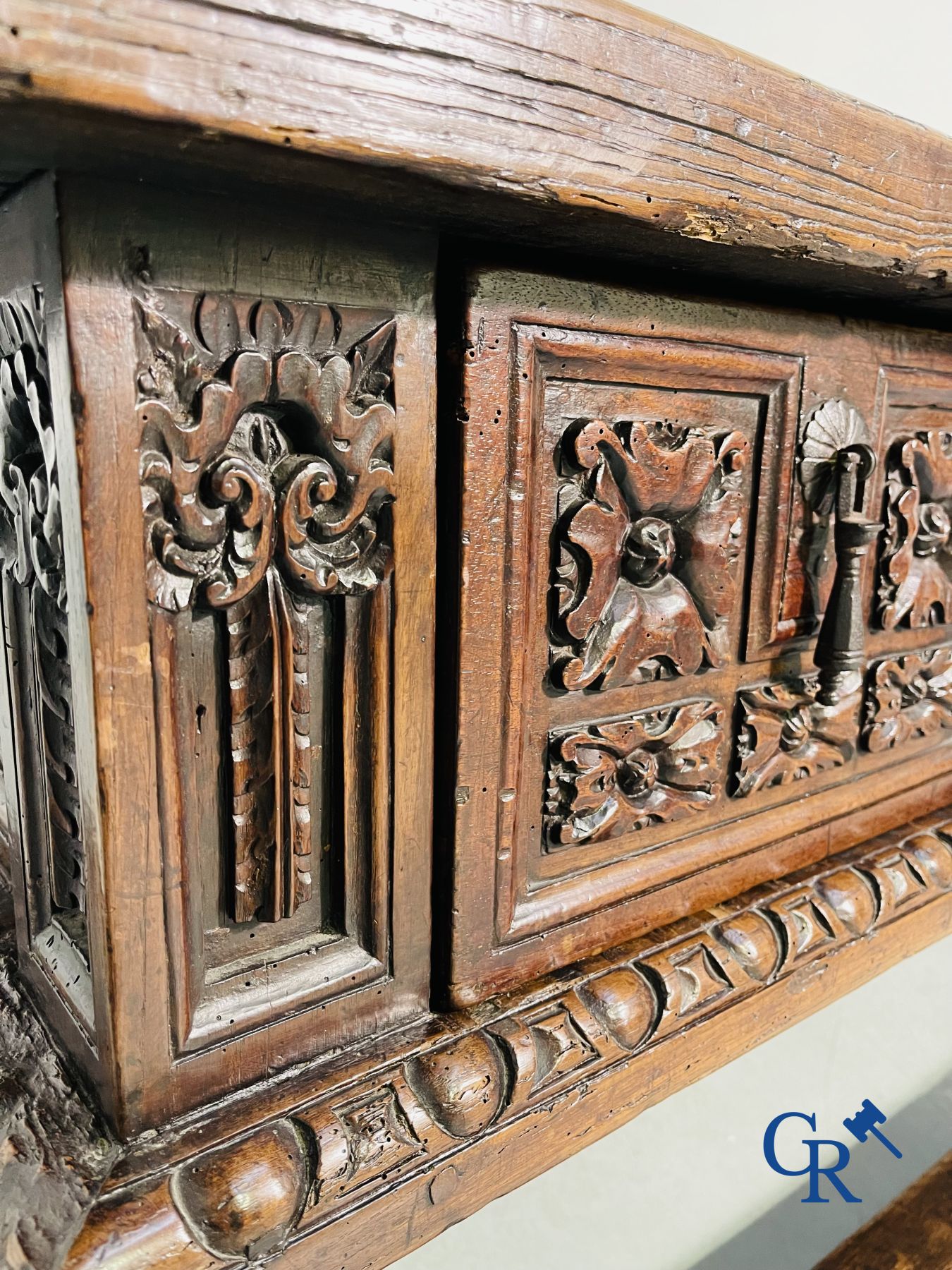 Furniture: 17th century carved walnut table with 3 drawers.