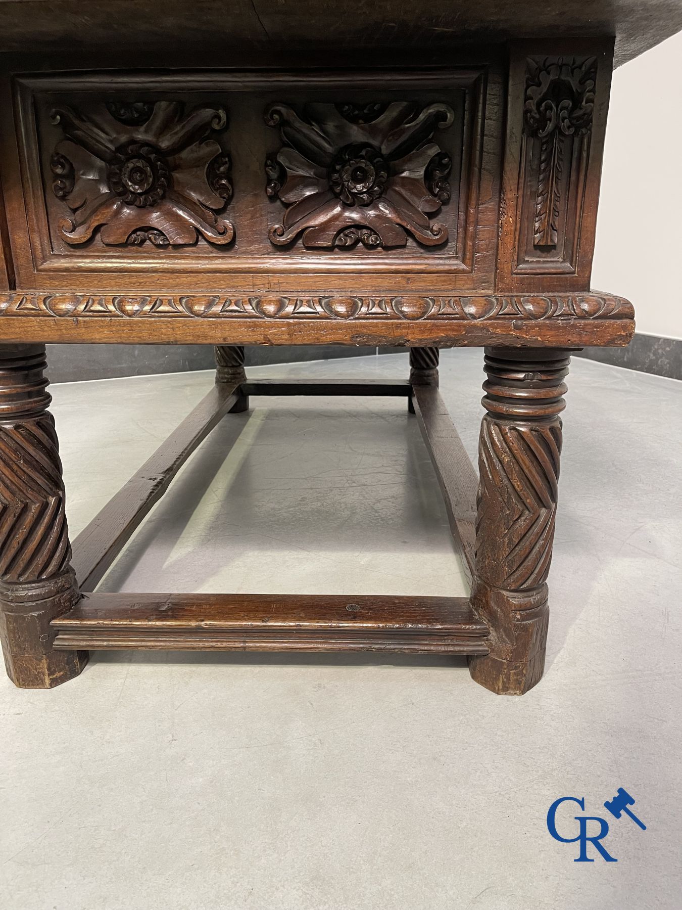 Furniture: 17th century carved walnut table with 3 drawers.