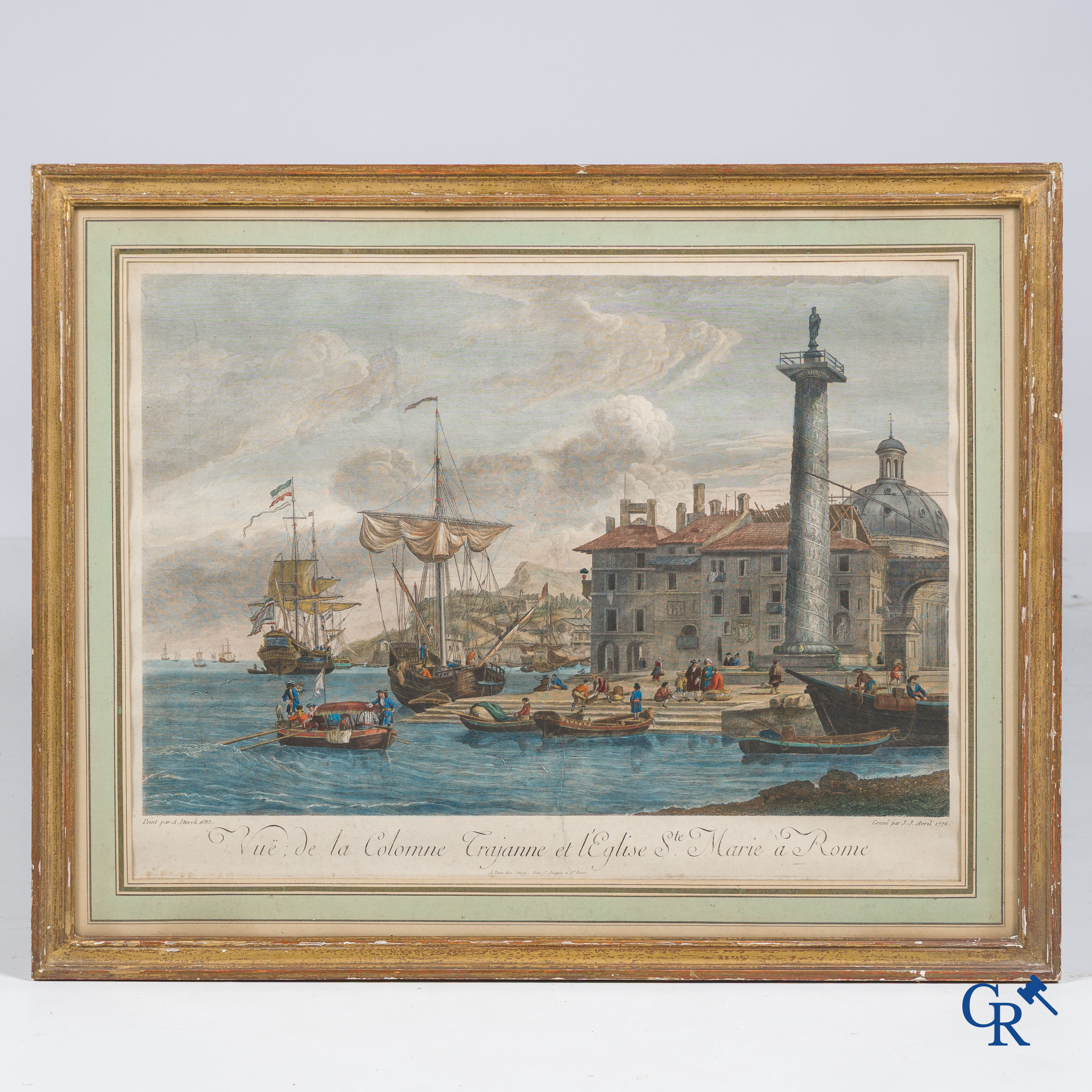 Vue de la Couronne Trajanne et l'Eglise Ste Marie à Rome. Ingekleurde Gravure. Avril & Storck.