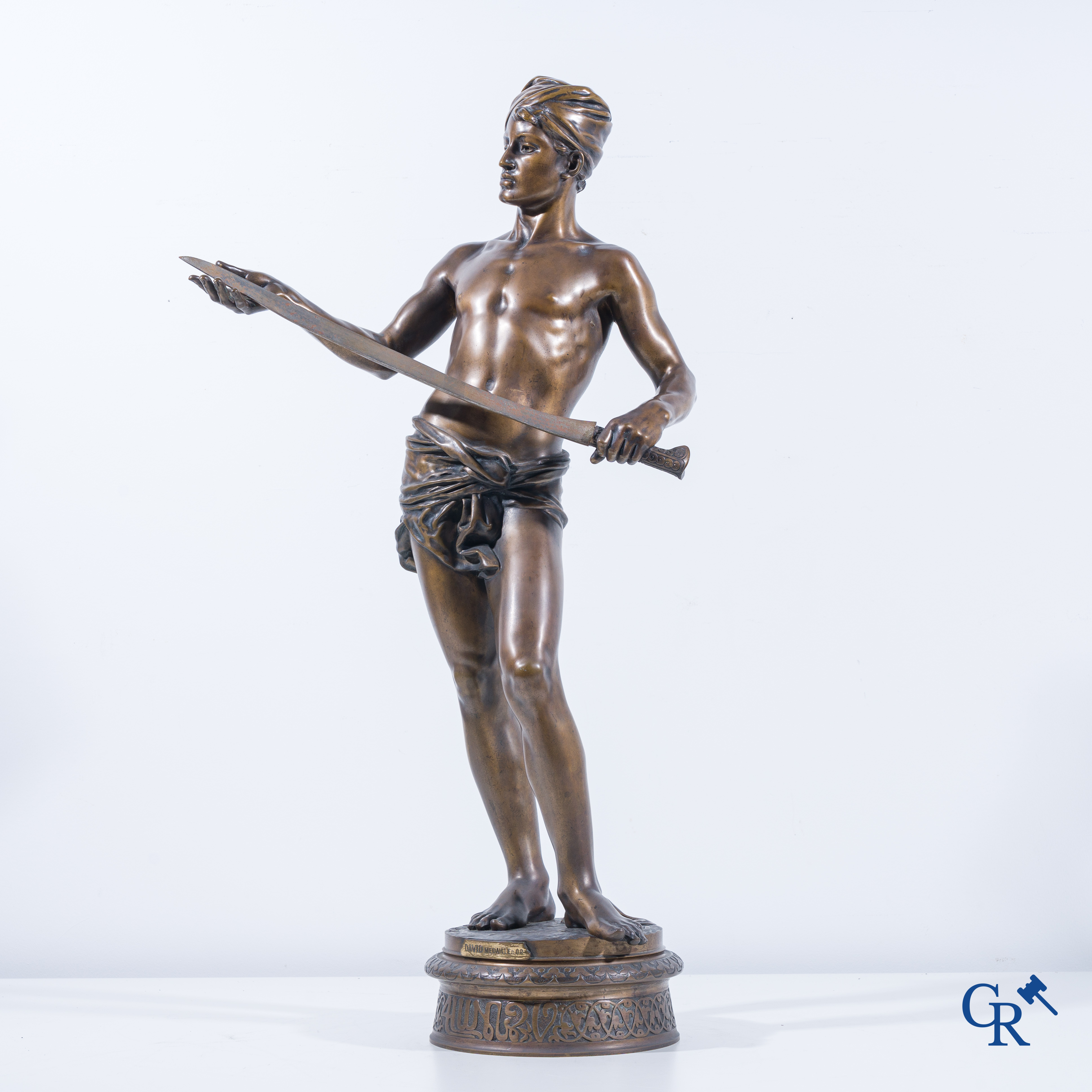 Jean Jules Cambos (1828-1917) "David", Medaille d'or. Bronzen beeld. 19de eeuw.