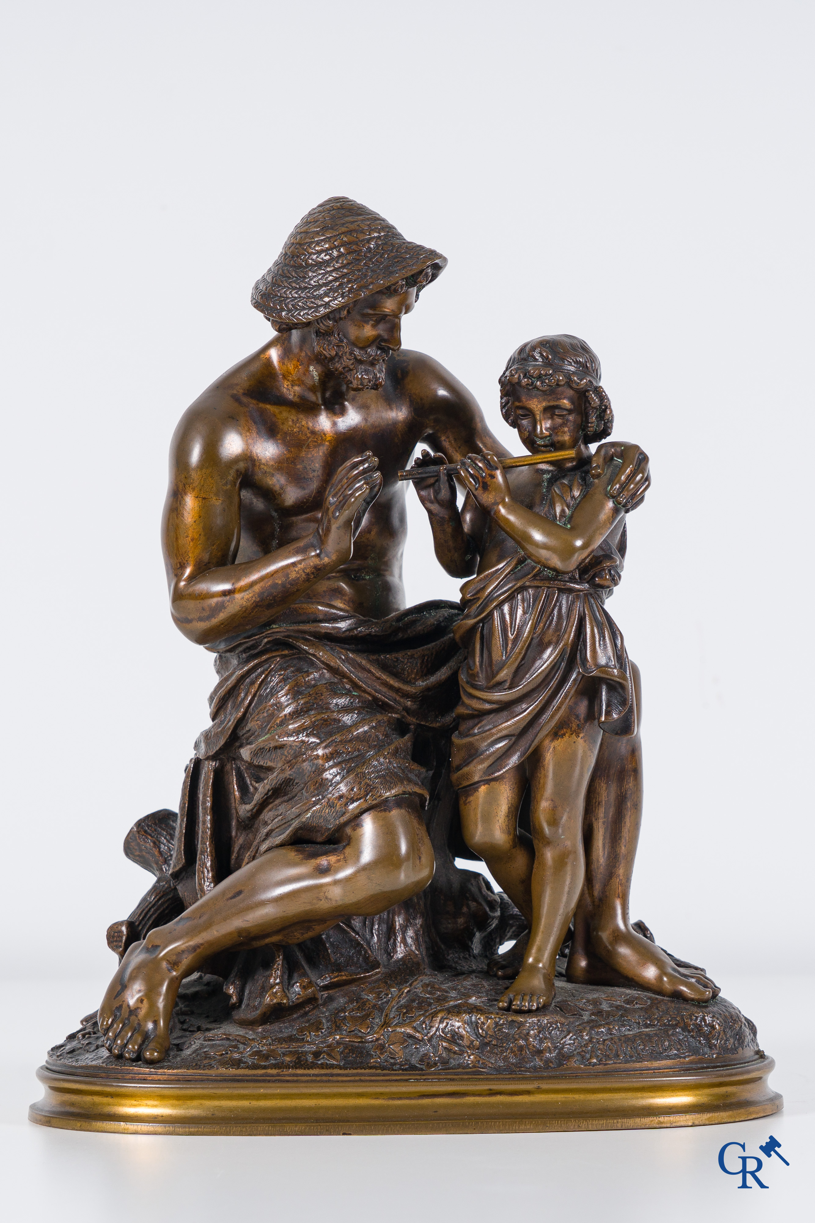 Théodore Coinchon: bronze statue of shepherd with child. Signed and marked with foundry stamp Susse fondeur.