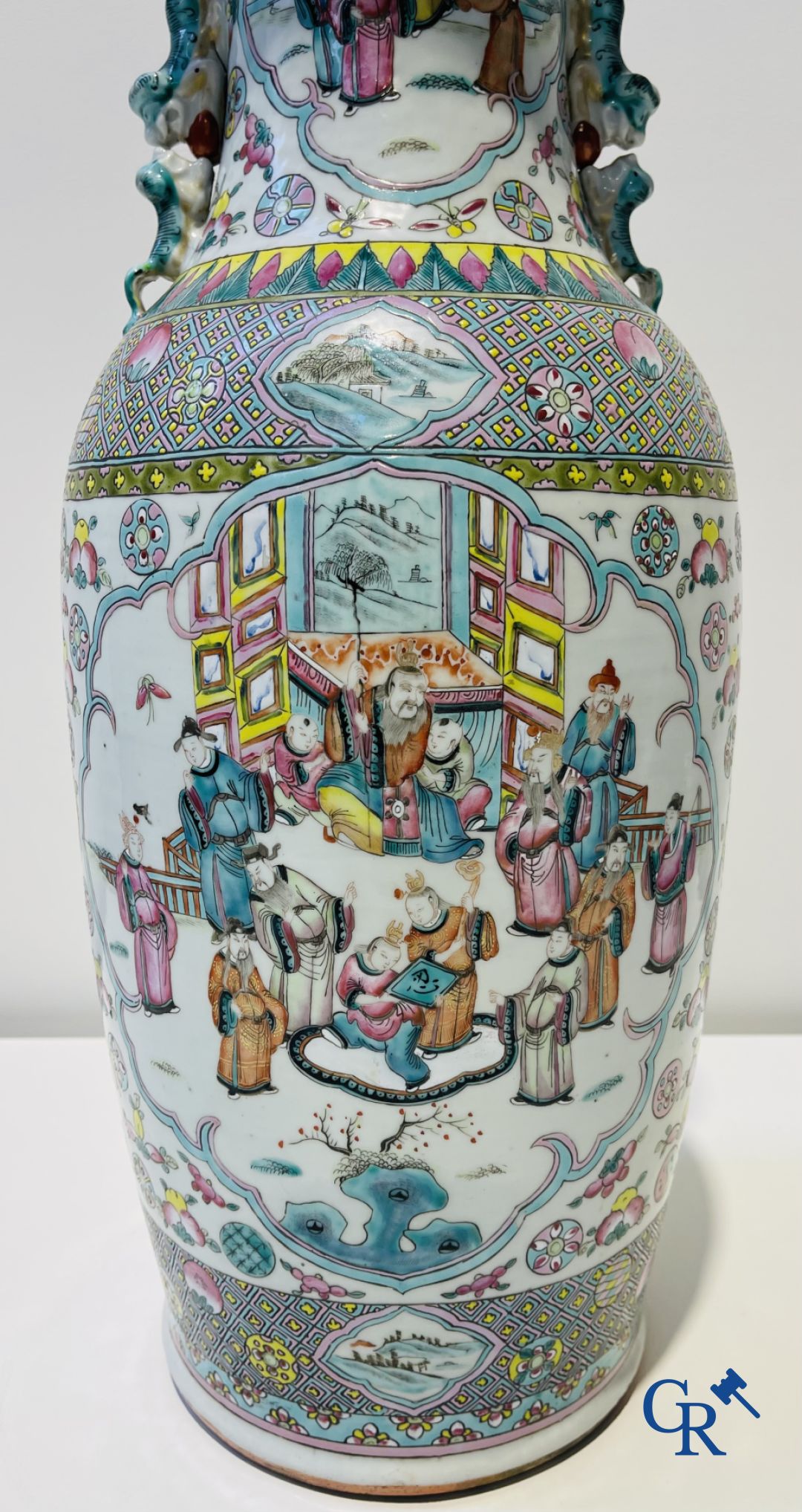 Asian art: Chinese porcelain, a pair of Chinese famille rose vases with court scenes. 19th century.