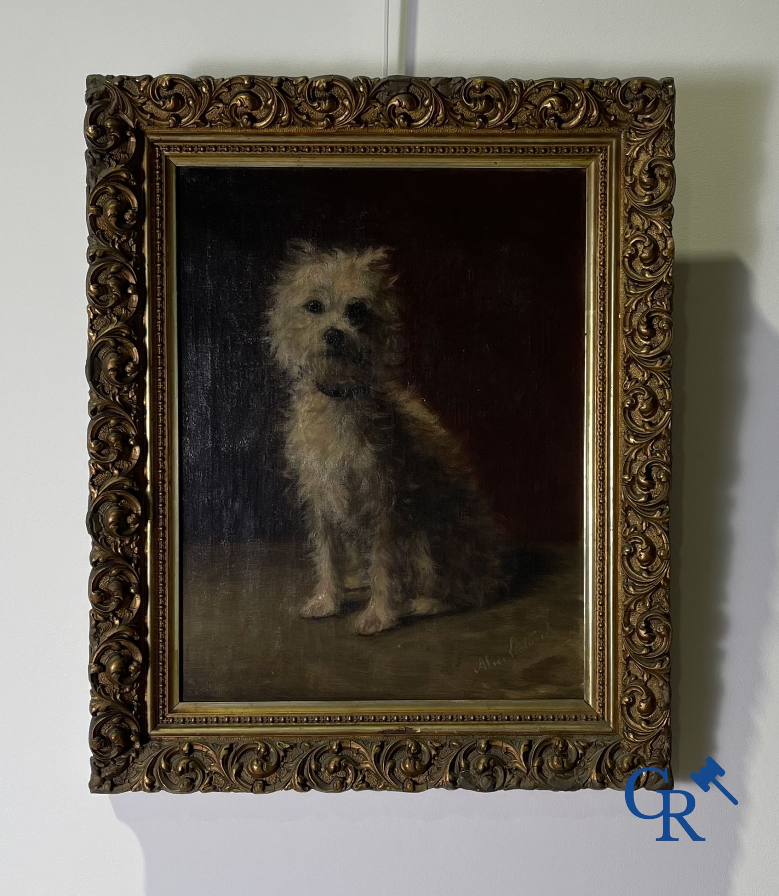 Peinture: Alice Léotard, huile sur toile. Portrait d'un chien.