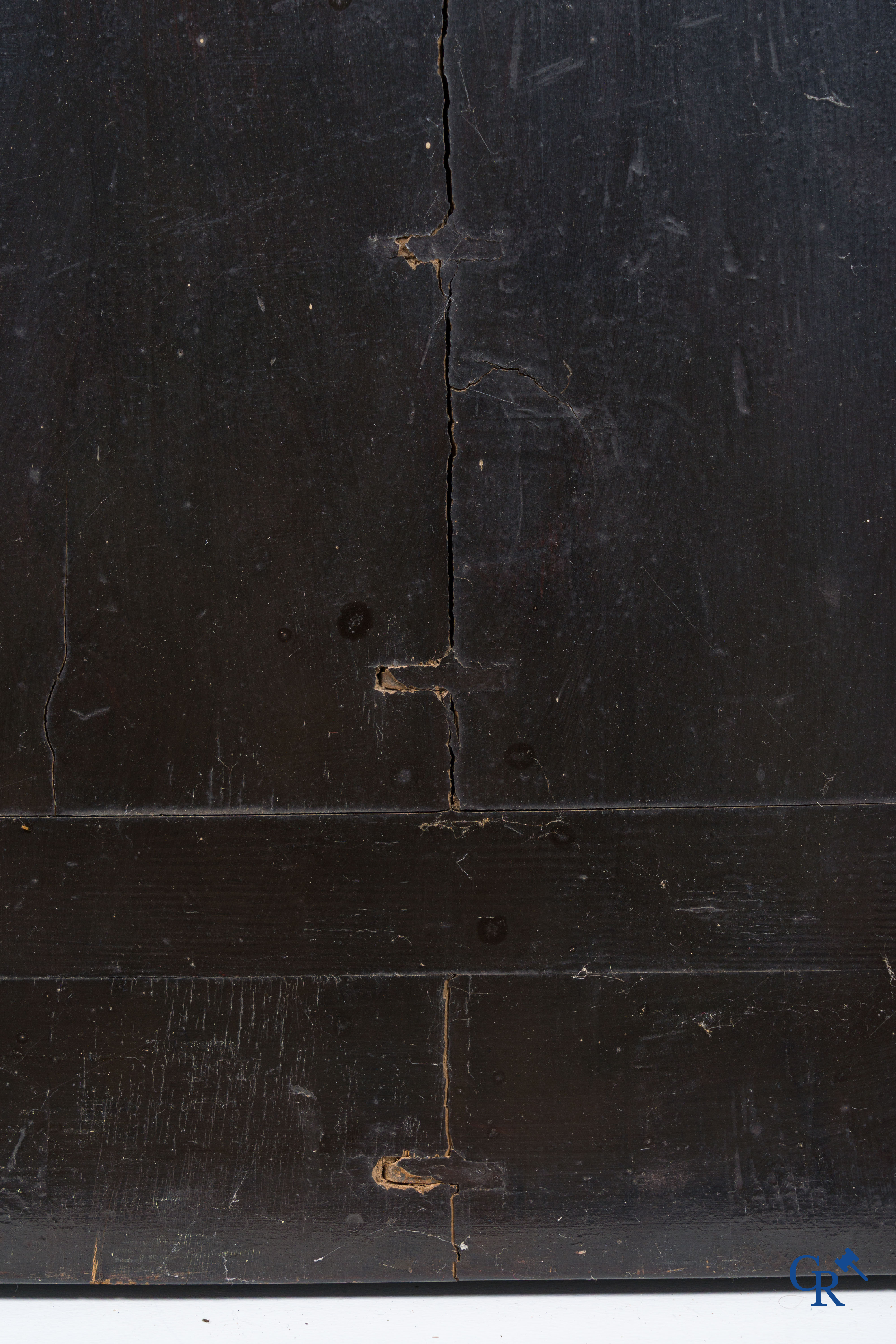 Aziatica, een groot houten paneel met lakwerk en inlegwerk. Bloemen en vlinder decor. 19e eeuw.