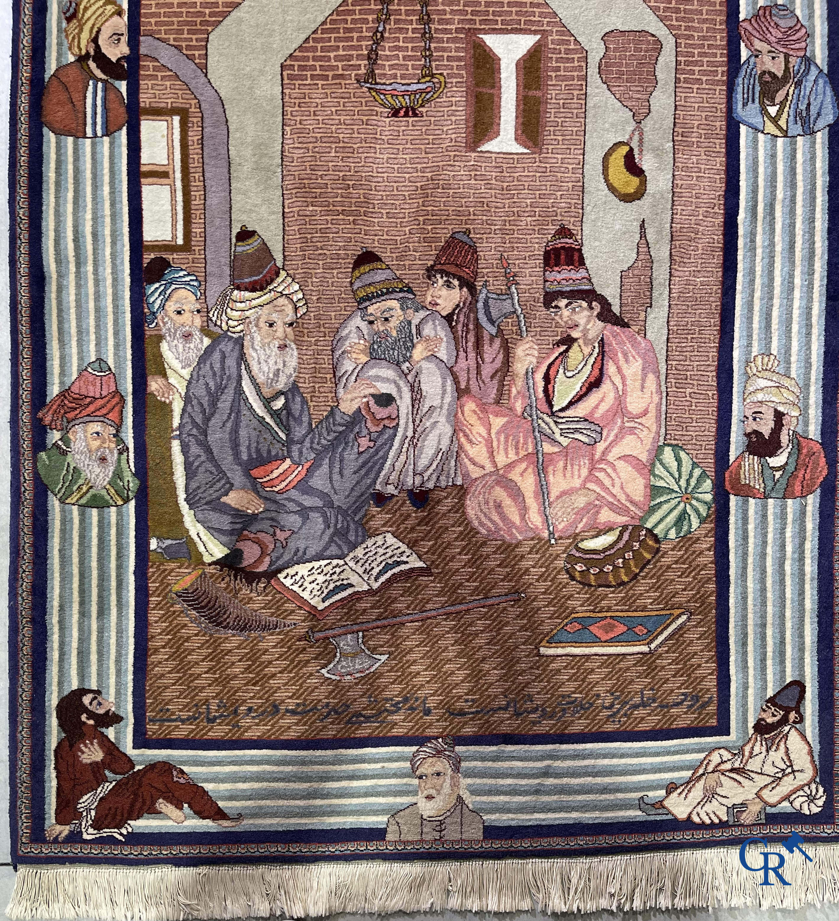 Oriental carpets: Tabriz, Iran. A hand-knotted Tabriz carpet with scholars in a temple.