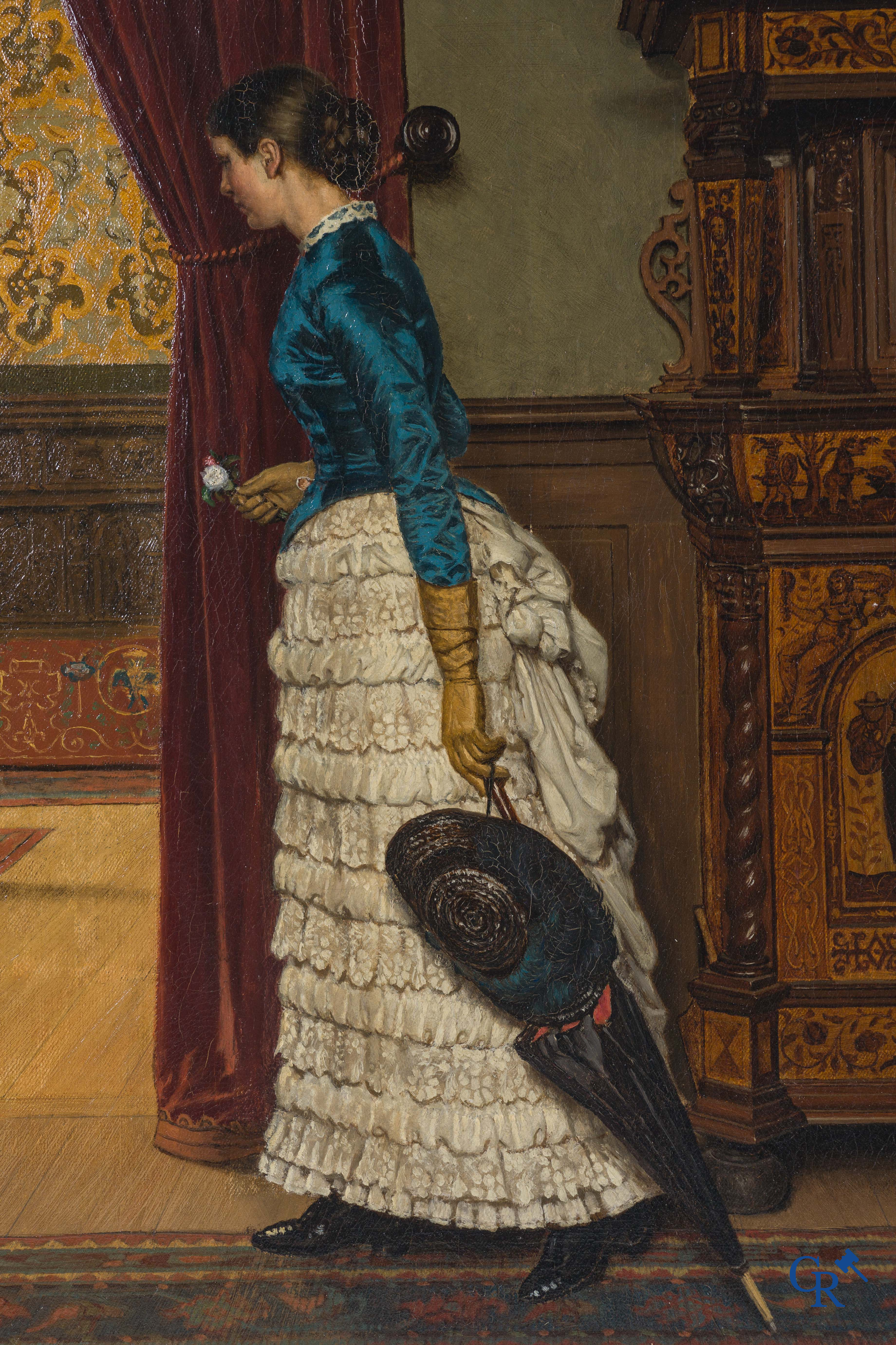 Baron Armand Van Zuylen, scène d'intérieur avec une dame habillé en robe belle époque, vers 1880.