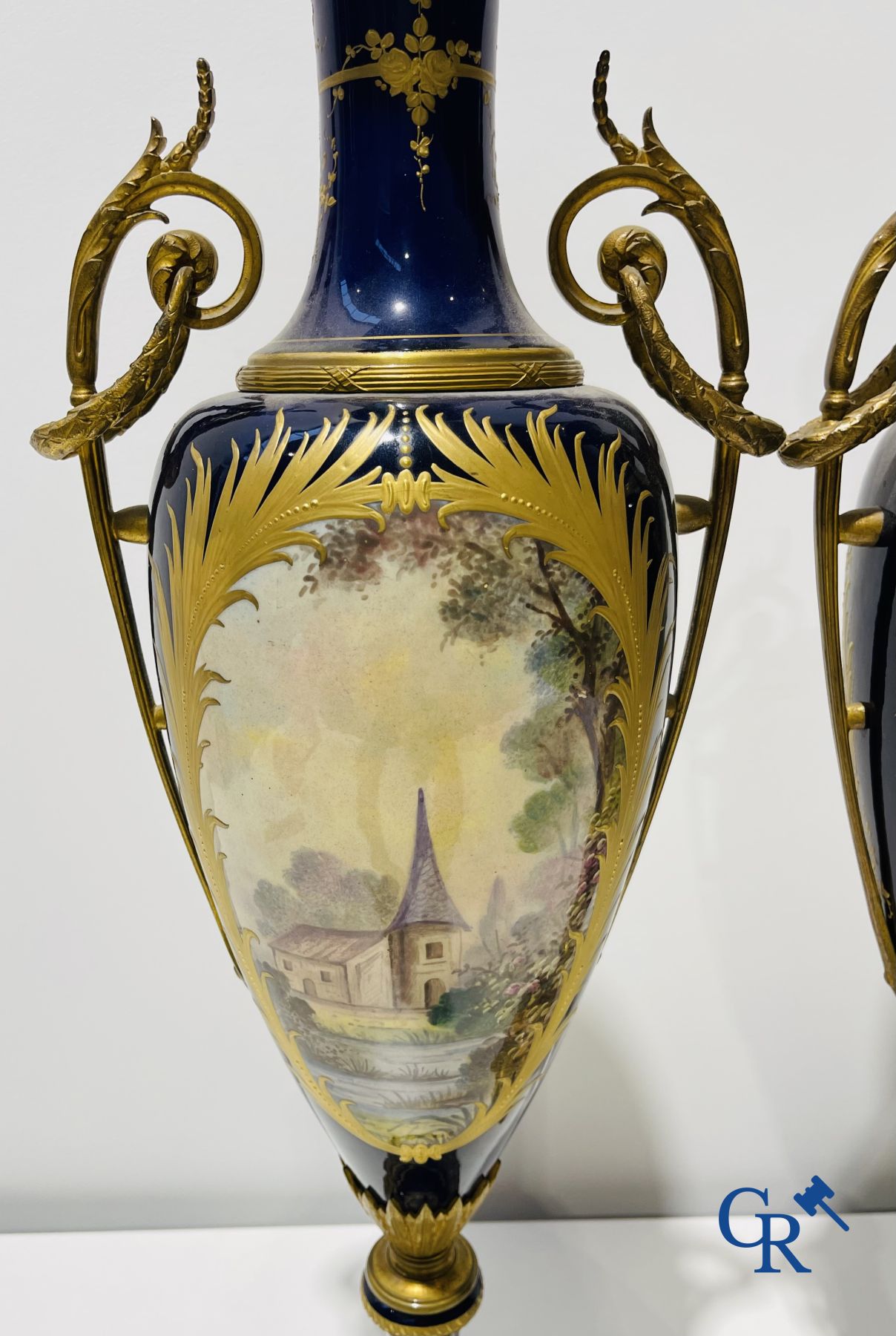 Sèvres: Poitevin. Pair of large vases in faience and bronze frames with romantic scenes. LXVI style. 19th-20th century.