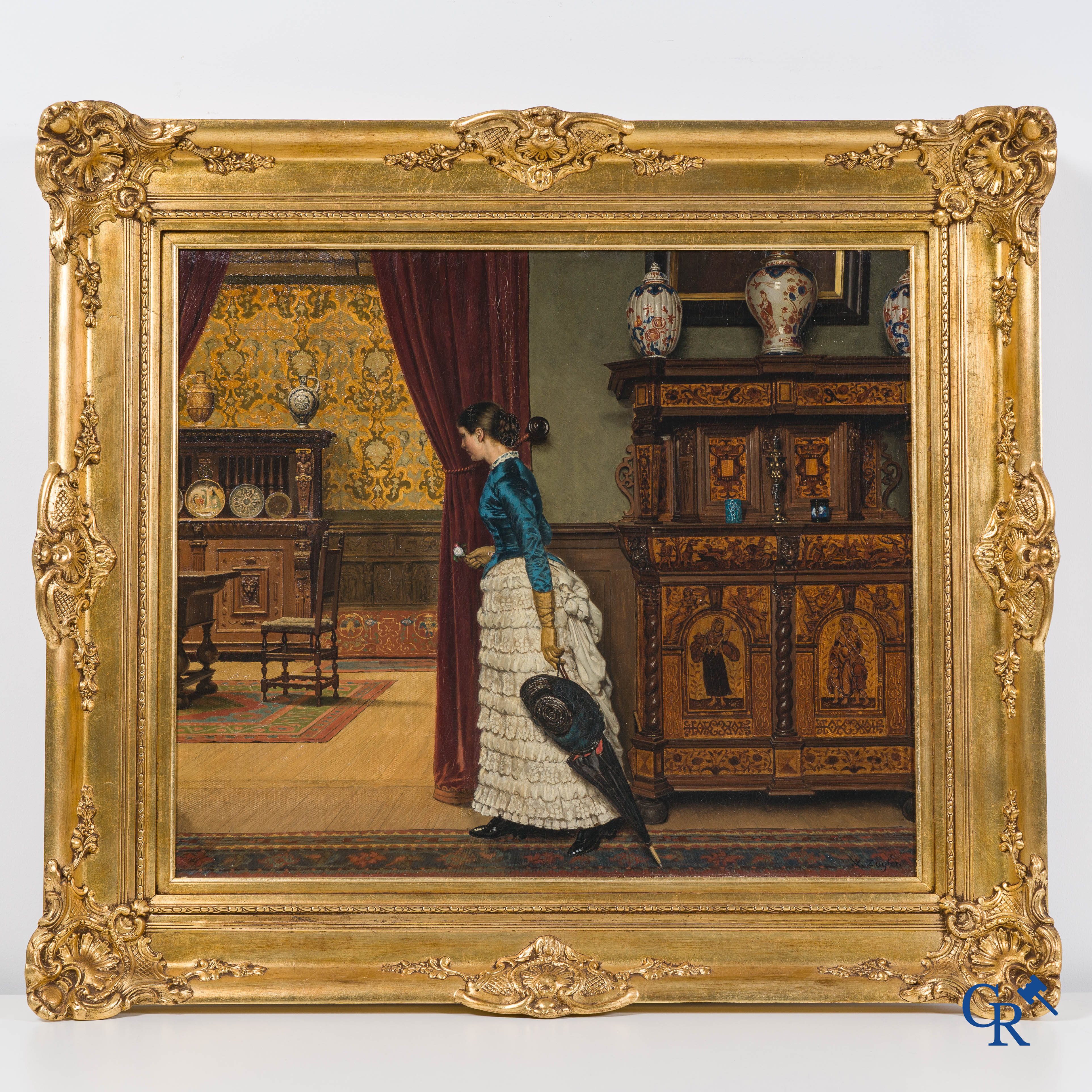 Baron Armand Van Zuylen, interieur scene met een welstellende dame in een belle epoque jurk. Circa 1880.