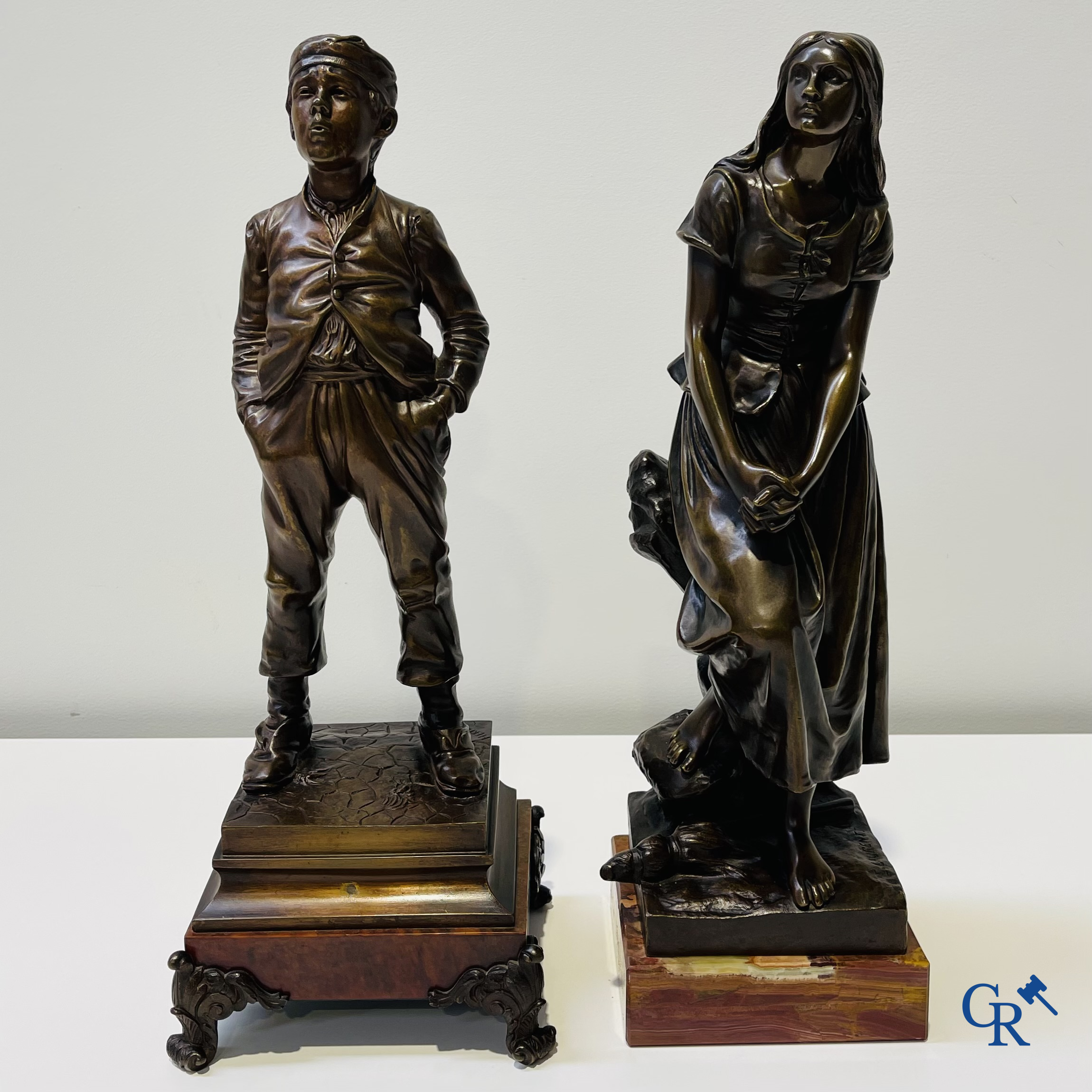 Eugène Laurent (1832-1898), sitting lady and Halfdan Hertzberg (1857-1890) "le siffleur". 2 bronze statues, signed.