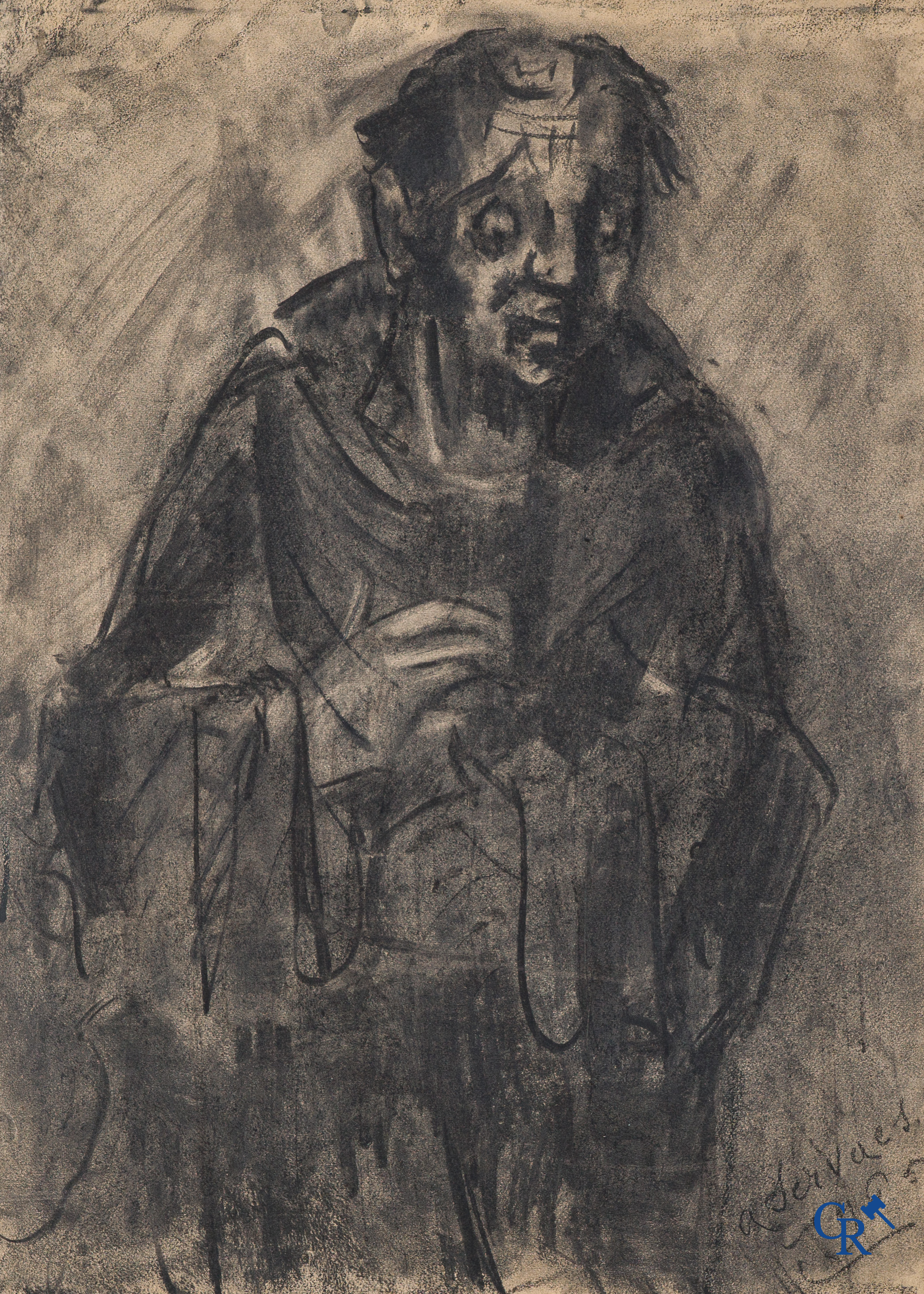 Albert Servaes (1883-1966) Sint Franciscus. Houtskool op papier.