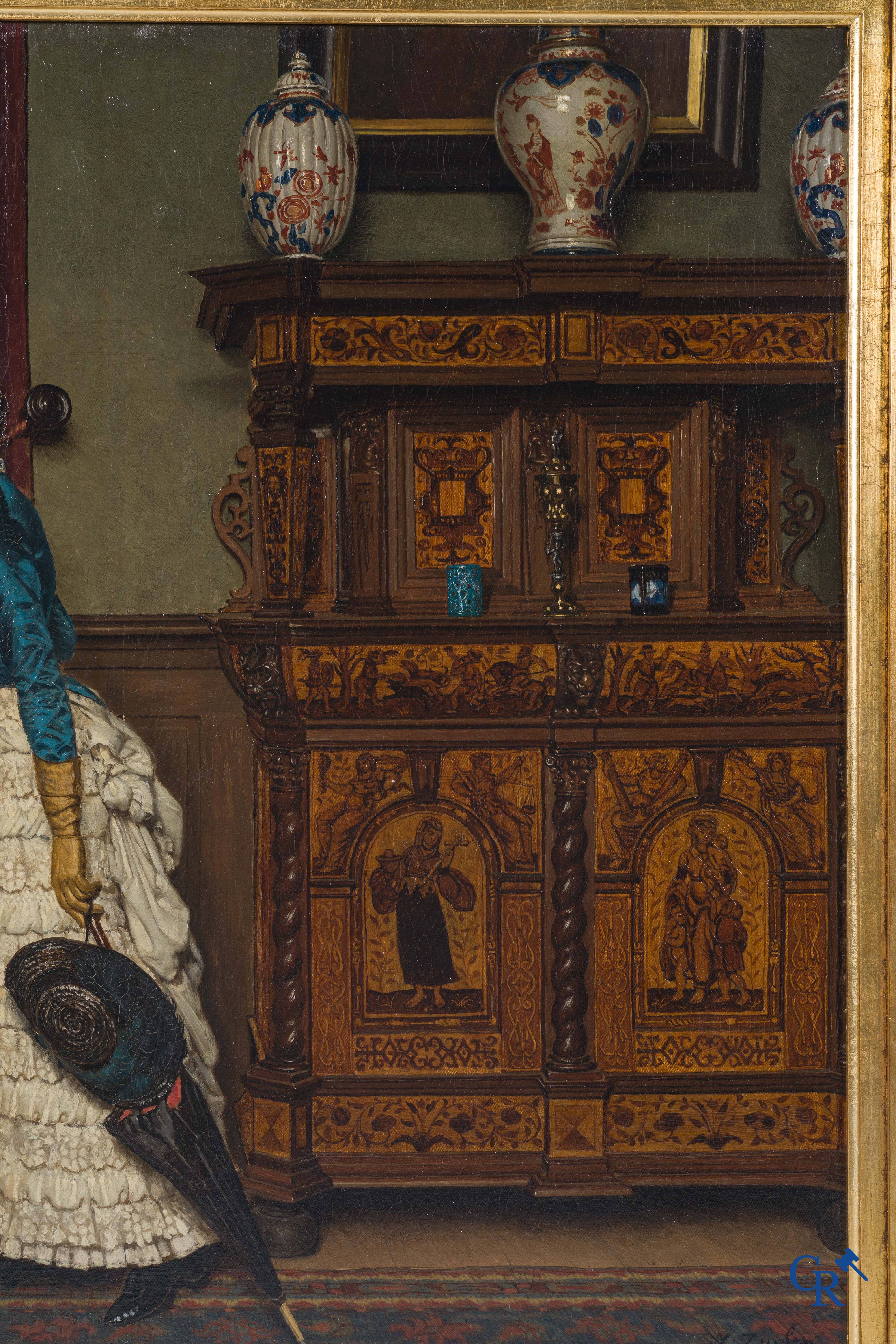 Baron Armand Van Zuylen, interieur scene met een welstellende dame in een belle epoque jurk. Circa 1880.