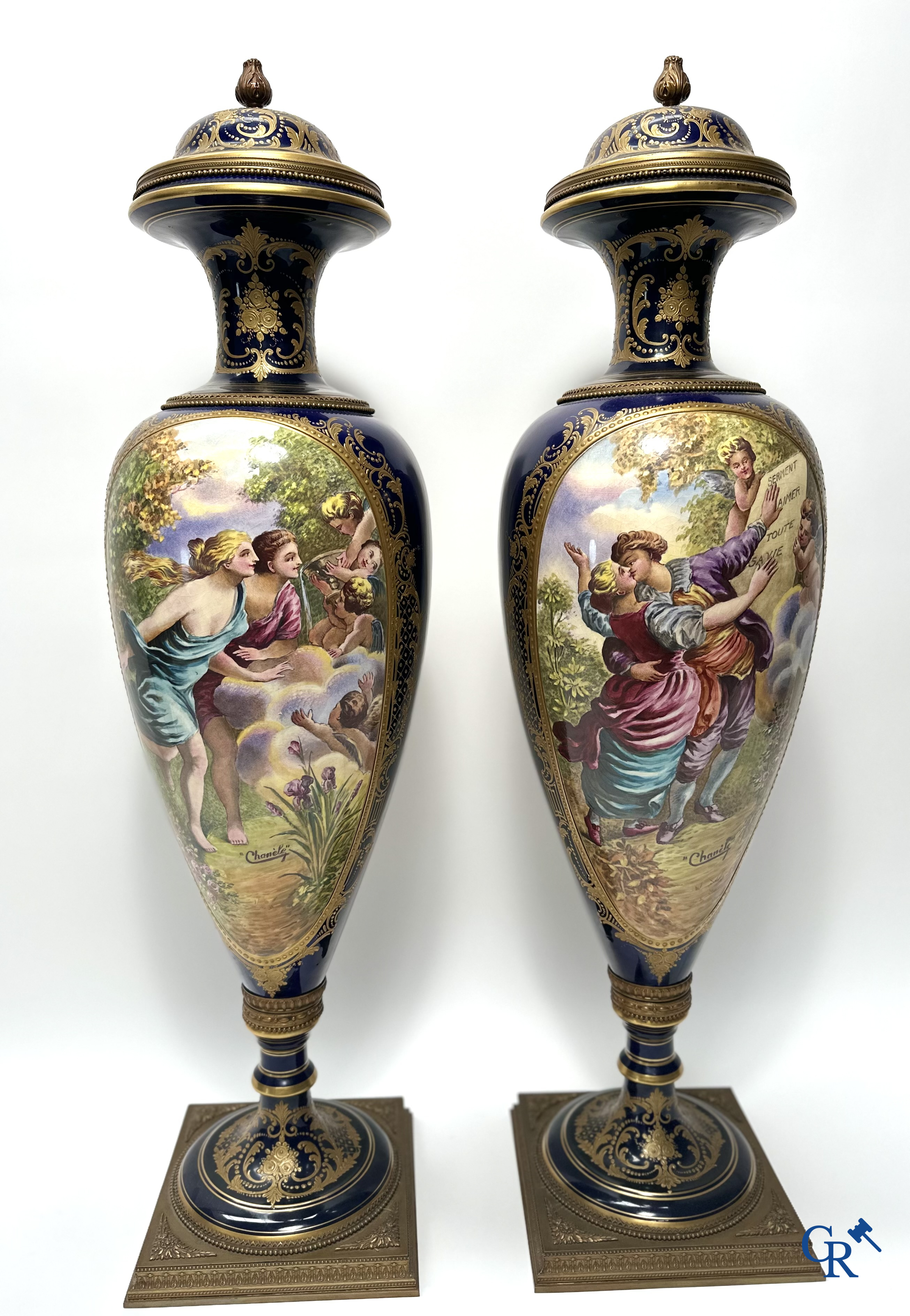 Sèvres: Pair of large bronze mounted vases in Sèvres porcelain. Late 19th century.