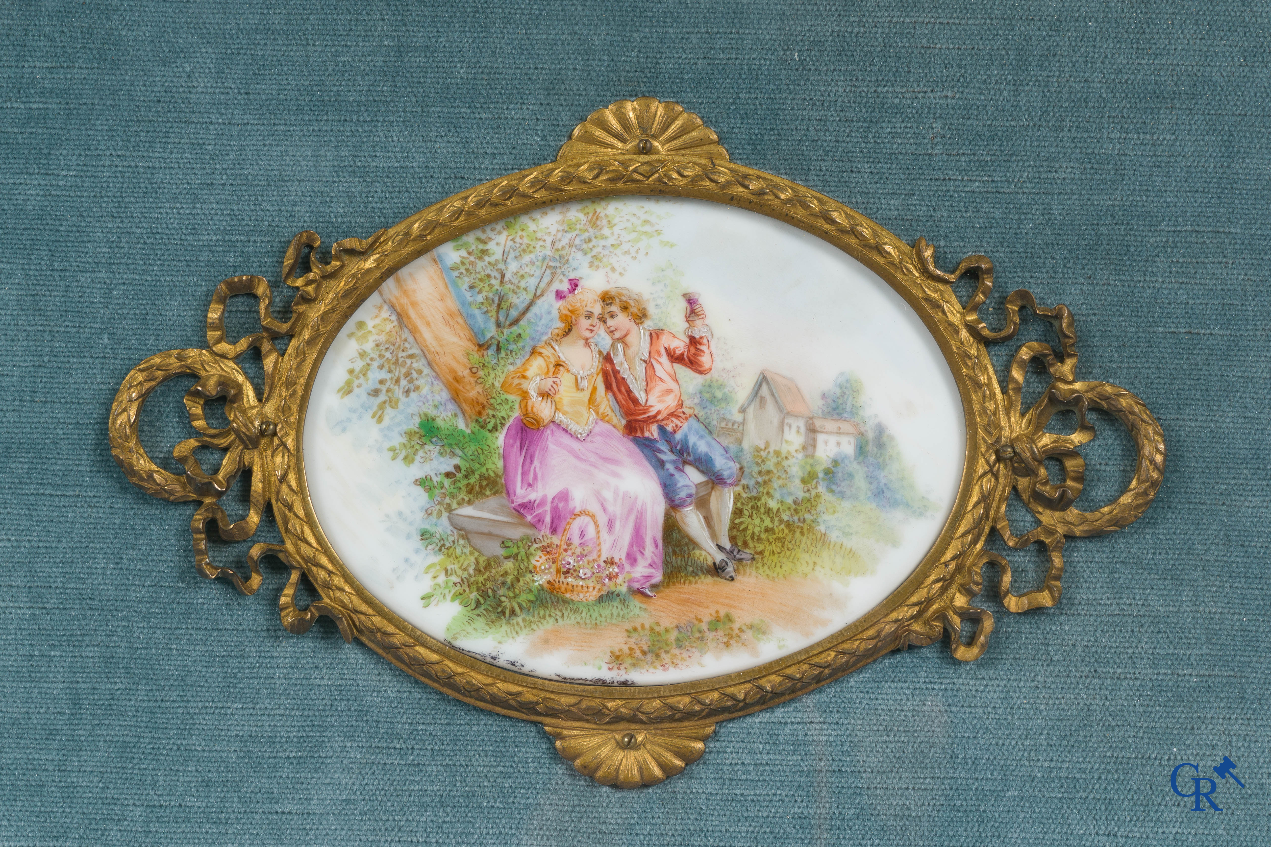 European porcelain in the manner of Sèvres, a set of 6 large porcelain plaques in a bronze LXVI-style frame.