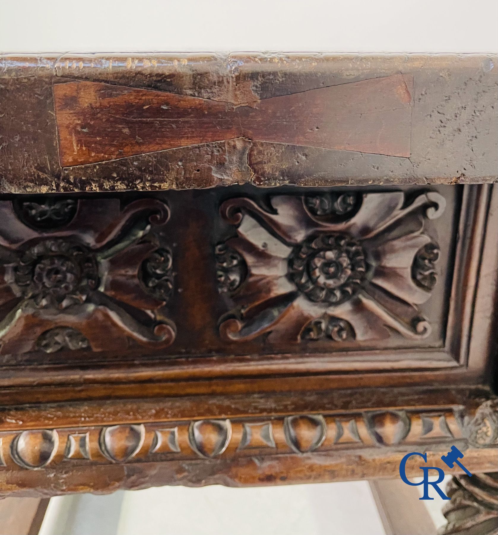 Furniture: 17th century carved walnut table with 3 drawers.