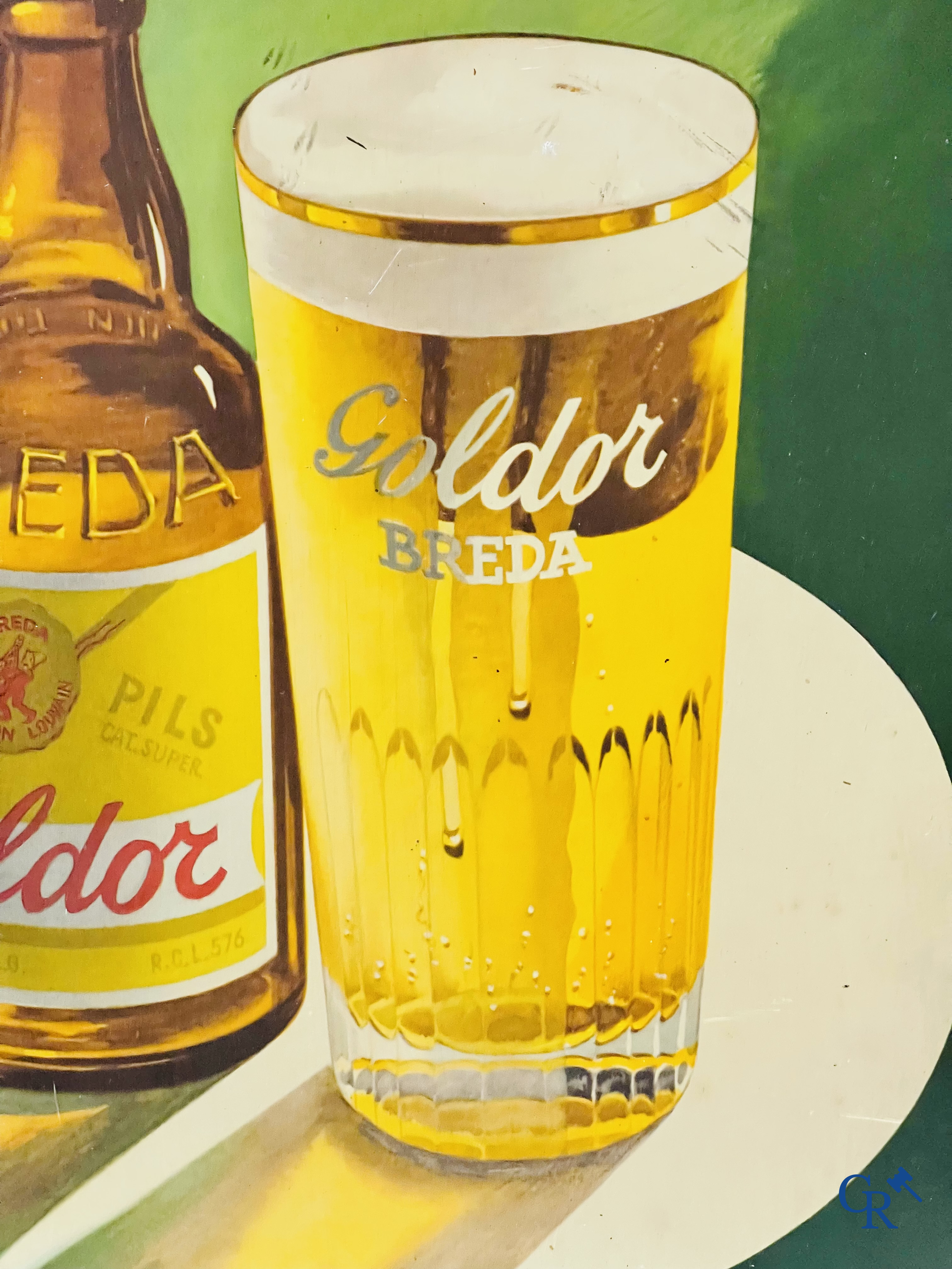 Goldor, Brouwerij Breda te Leuven. Publiciteit voor Goldor Pils gedrukt op metaal. Creation Etipan Bruxelles 1957.