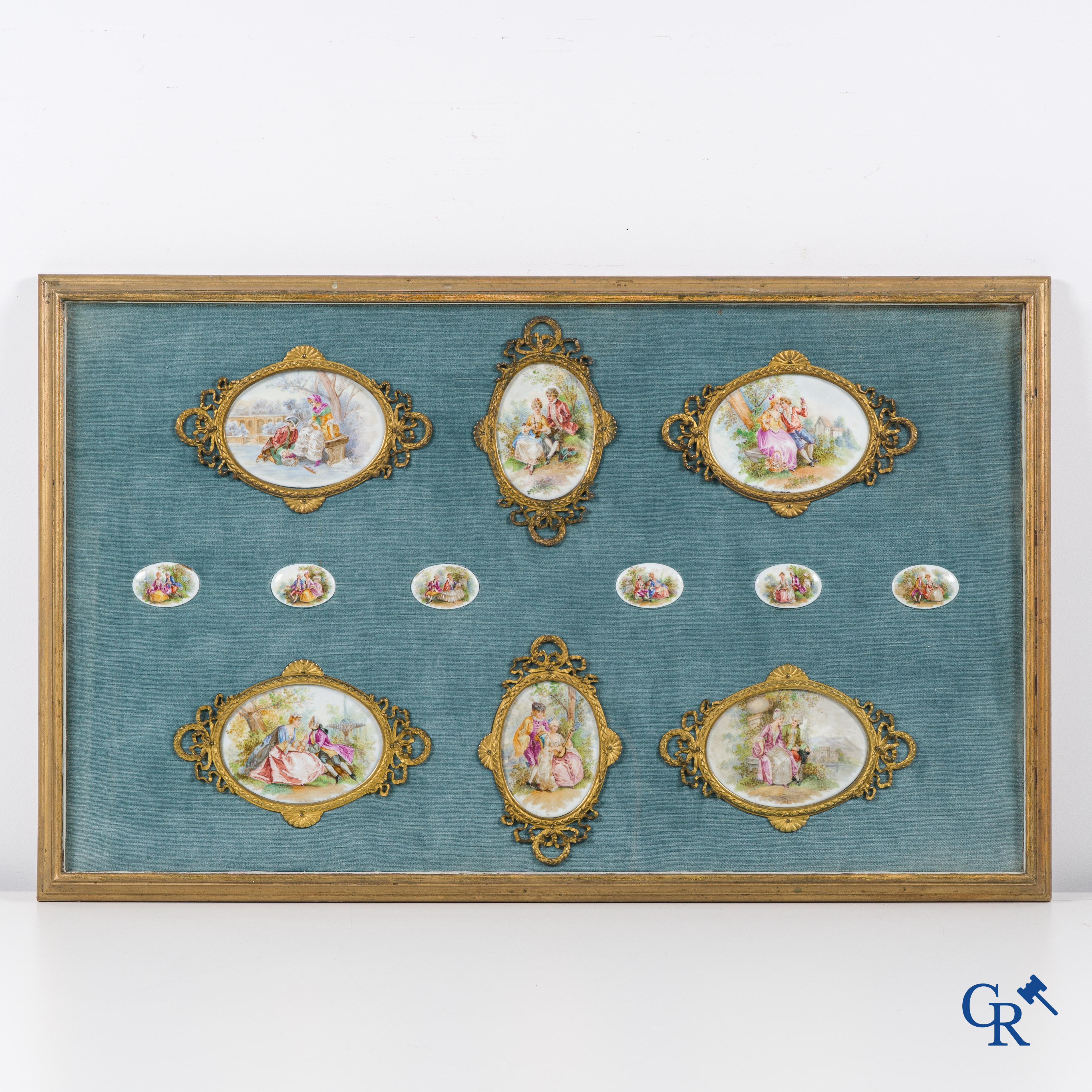 European porcelain in the manner of Sèvres, a set of 6 large porcelain plaques in a bronze LXVI-style frame.